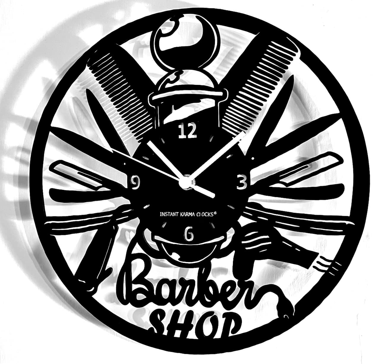 Instant Karma Clocks | Barber Shop Wall Clock Hairdresser Salon Design | Silent No-Ticking | Perfect for Bedroom, Office, Studio, Cabin, Living Room | Unique Decoration