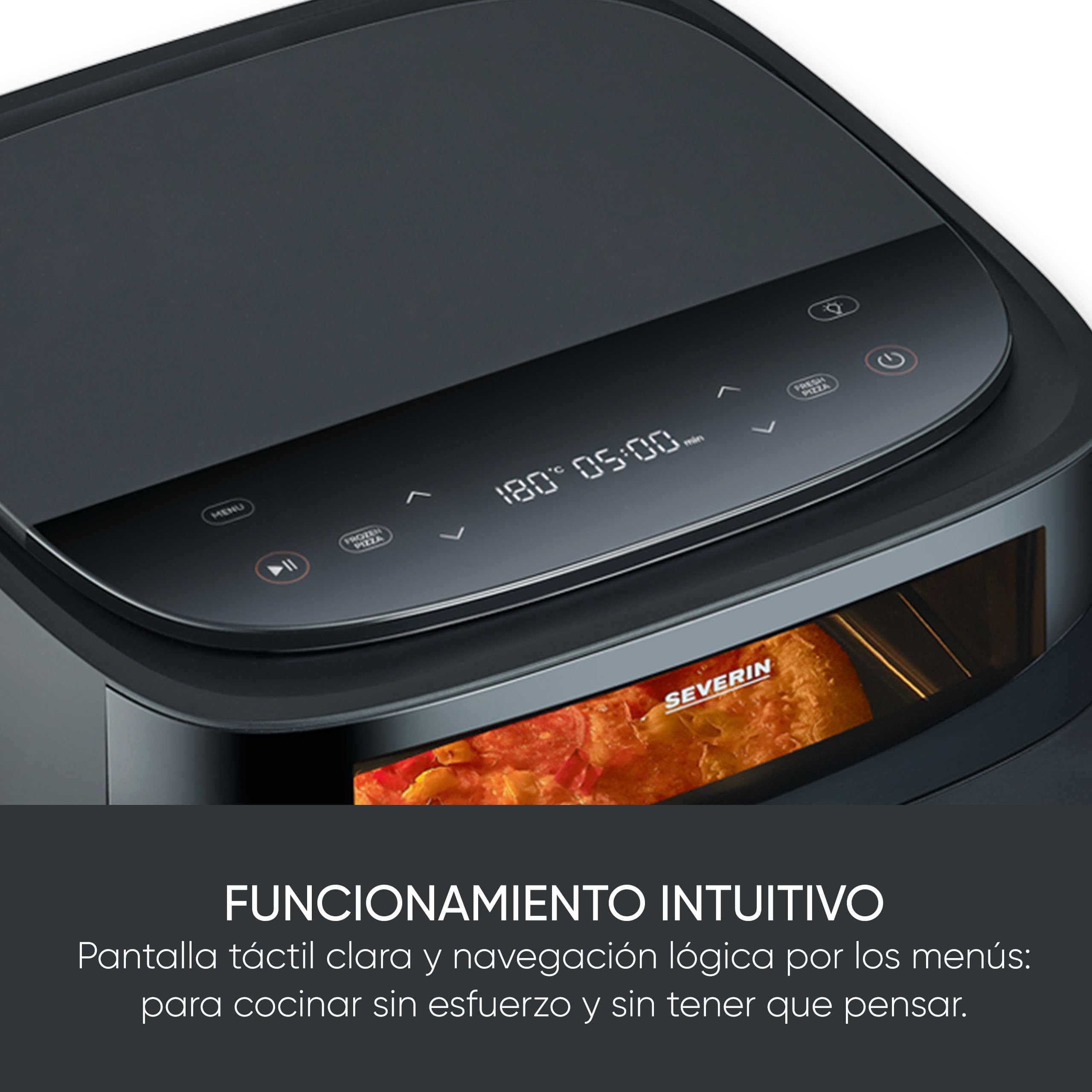 SEVERIN Freidora de aire S-Fry Pizza & More, 10 programas automáticos para pizza y más, distribución óptima del calor, forma extraancha, ventana de visualización, 4 l, 2100 W, negro, plateado, FR 2464
