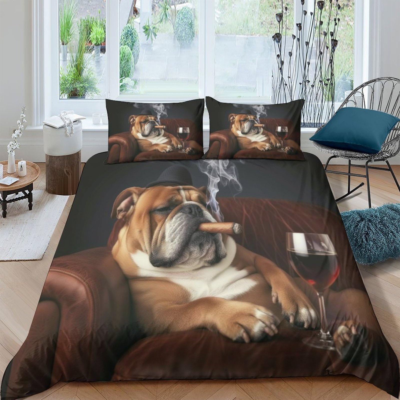 GPLZQXKJNH 3D Printed Bulldog Cigar Duvet Cover Microfiber Soft Breathable Wine Glass Bedding Set with 2 Pillowcases for Bedroom Decor Single（135x200cm）