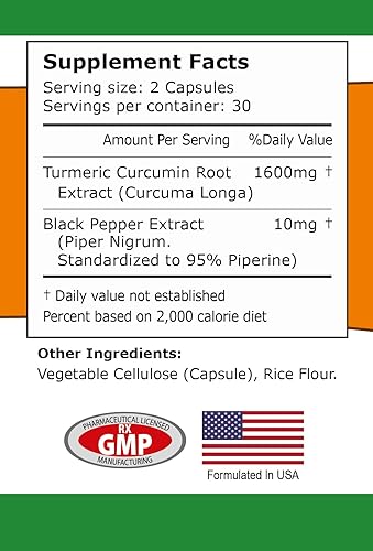 Miniatura 6 de Hewis & Selby Turmeric Curcumin 1600mg Capsules - 95% Standardized Curcuminoids & Black Pepper - 60 Veggie Caps - Natural Joint Pain Relief &