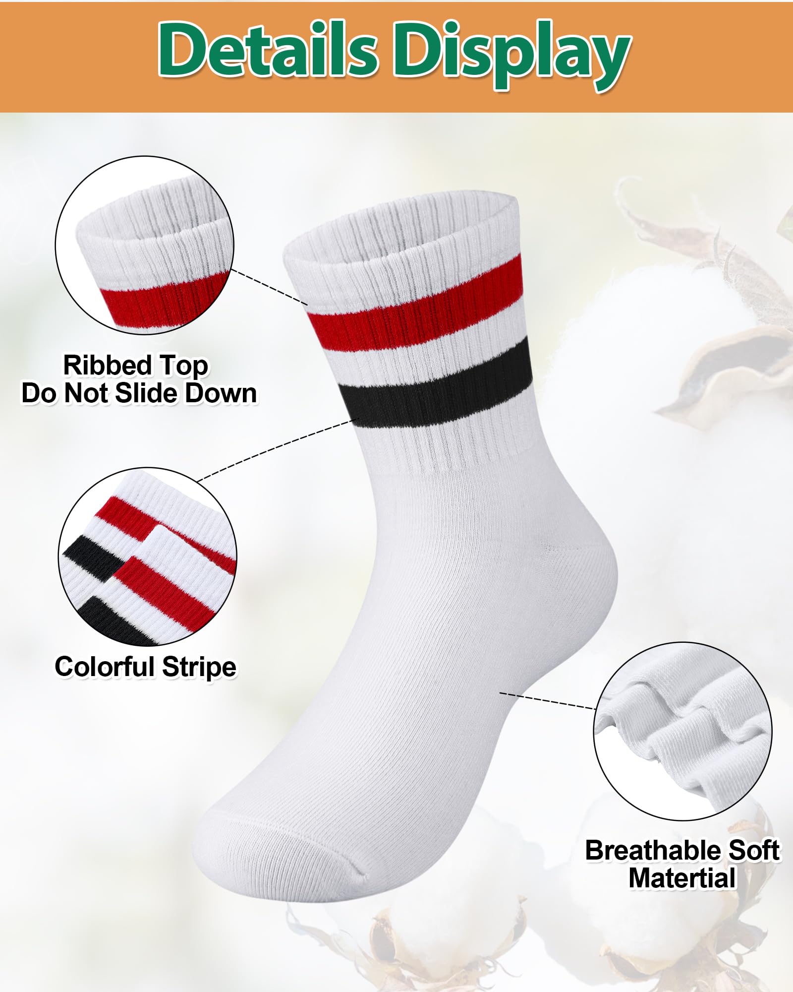 Eurzom 24 Pairs Kids Stripe Crew Socks Sporty Athletic Cotton Socks Colorful Retro Stripe Athletic Hosiery for Boys Girls School Uniforms Daily Wear Among 6-10 Years
