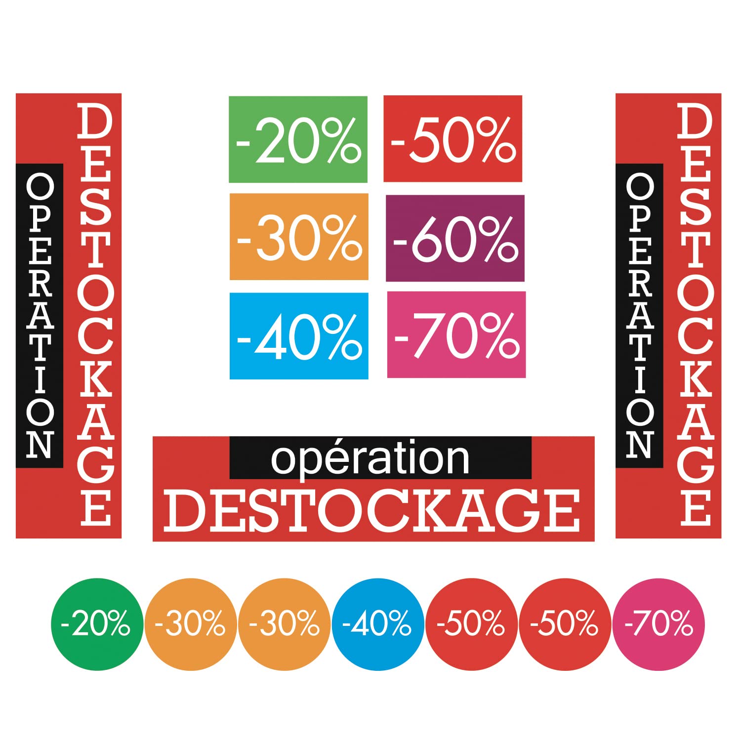 30121 - Kit de 9 Affiches Papier Opération Destockage - 20% 30% 40% 50% 60% 70% & 315 Stickers - 20% 30% 40% 50% 70%