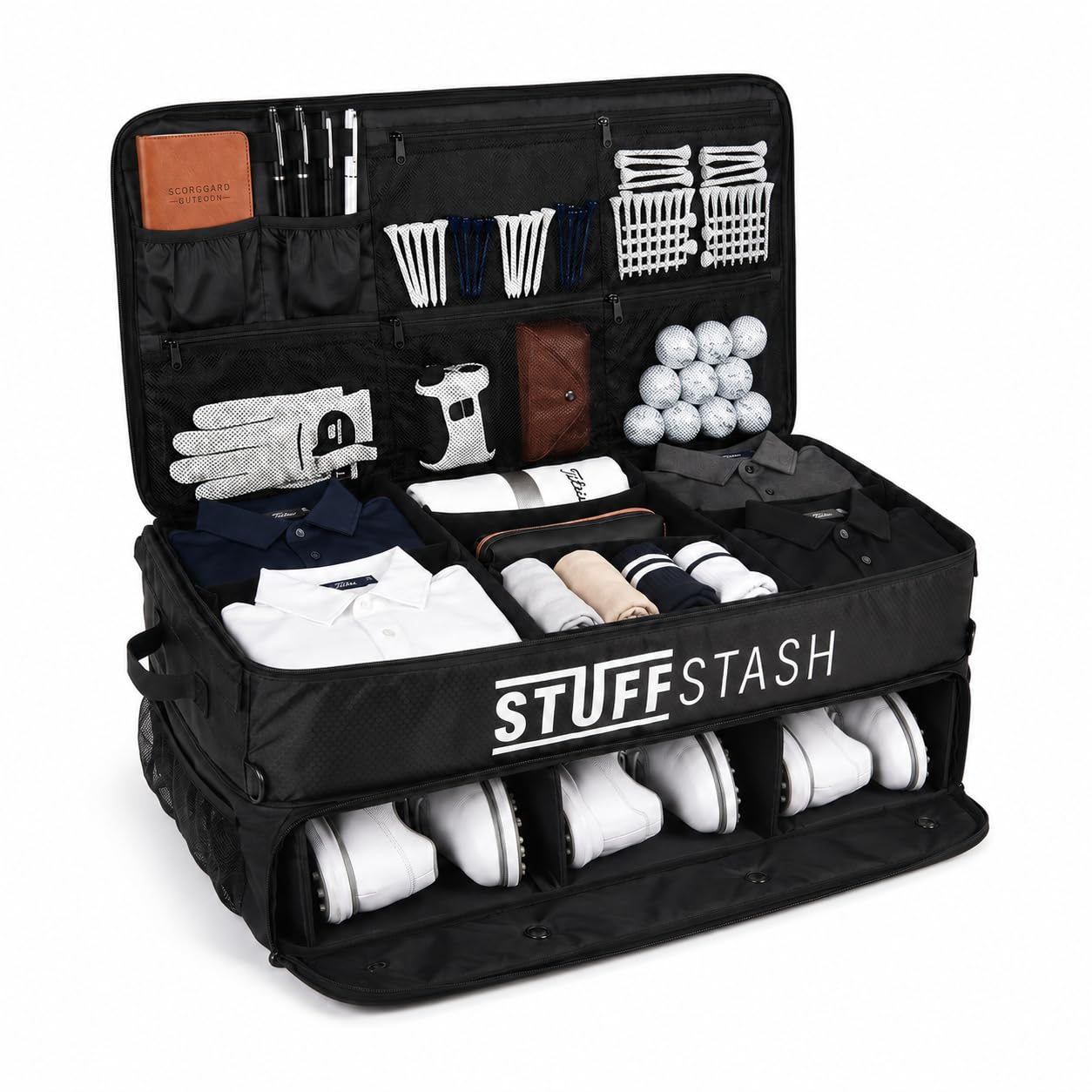 STUFFSTASH Golf-Organizer – extra groß – drei Schuhfächer, Trennwände, Aufbewahrung für Tees, Handschuhe, Bälle – Aufbewahrung von Zubehör in Ihrem Auto oder SUV – Golfer-Geschenkutensilien für Männer