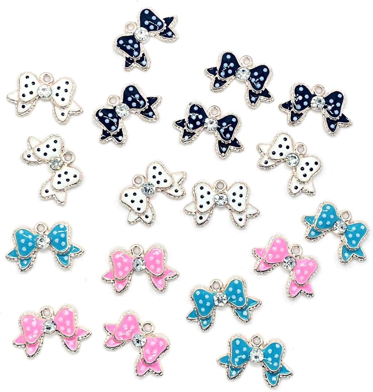 20PCS Polka Dot Bownot Alloy Charms, Colorful Enamel Pendants with Rhinestone, Pink Bownot Charms Pendants, Mini Bow Pendant Necklace Bracelet Earrings Jewelry Making DIY Crafts