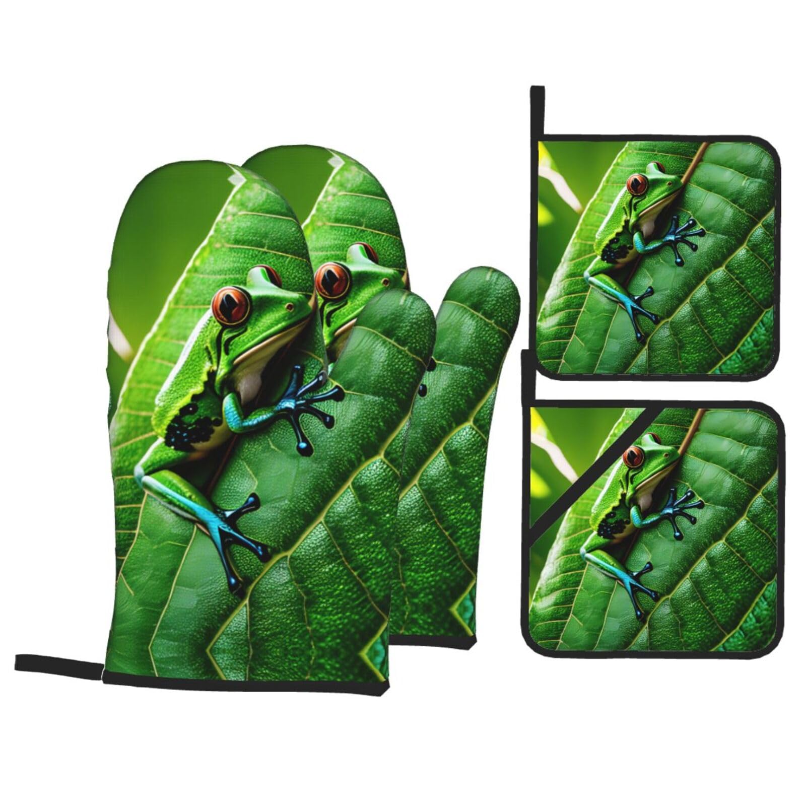 Frog Leaves Print Oven Microwaving Waterproof Kitchen Gloves for Baking Grilling Holiday Cooking