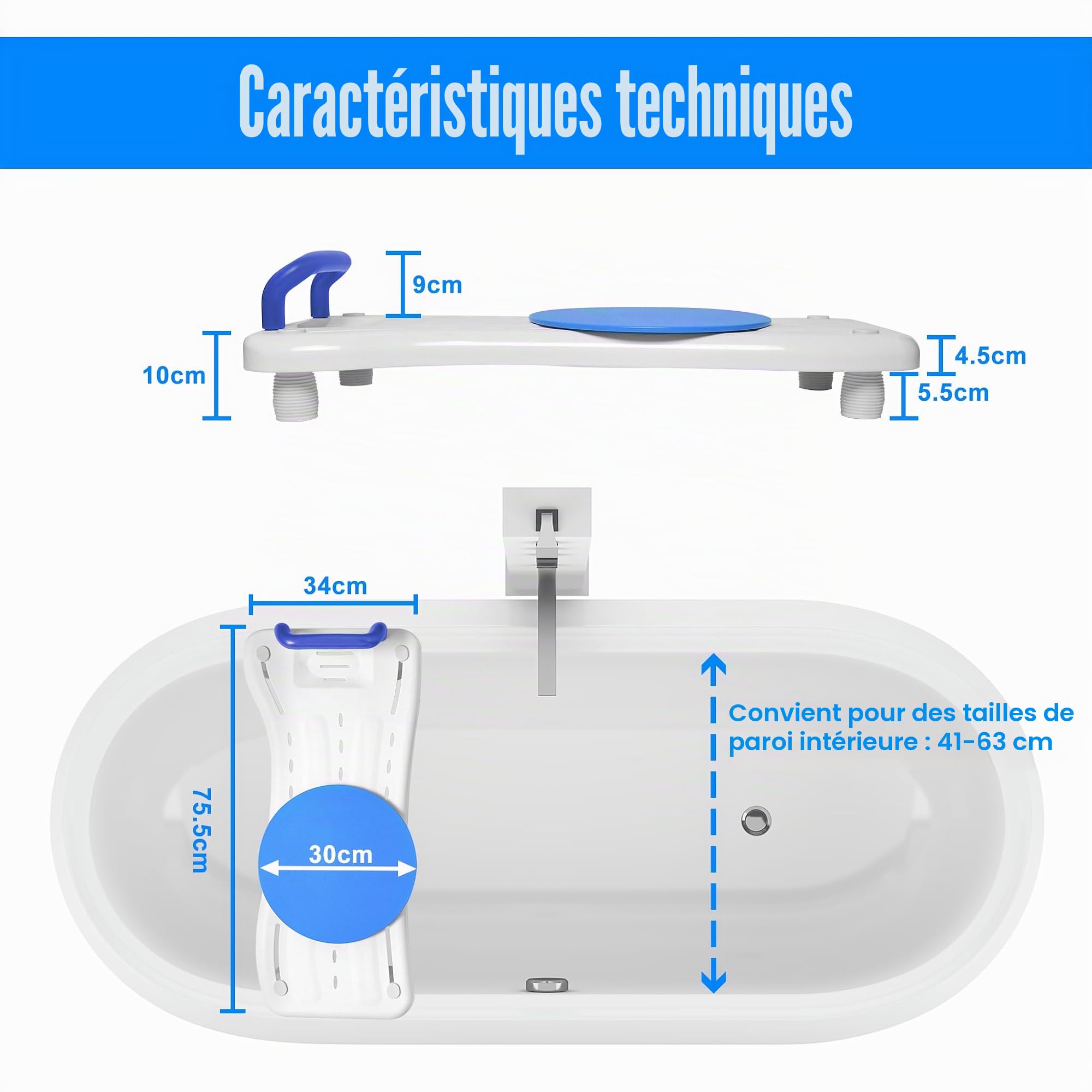 NAIZY Planche de bain 75,5 x 34 cm - Siège de baignoire pour personnes âgées et adultes - Avec plateau rotatif à 360° - Réglable de 41 à 63 cm - En polypropylène - Charge maximale : 150 kg - Poignée