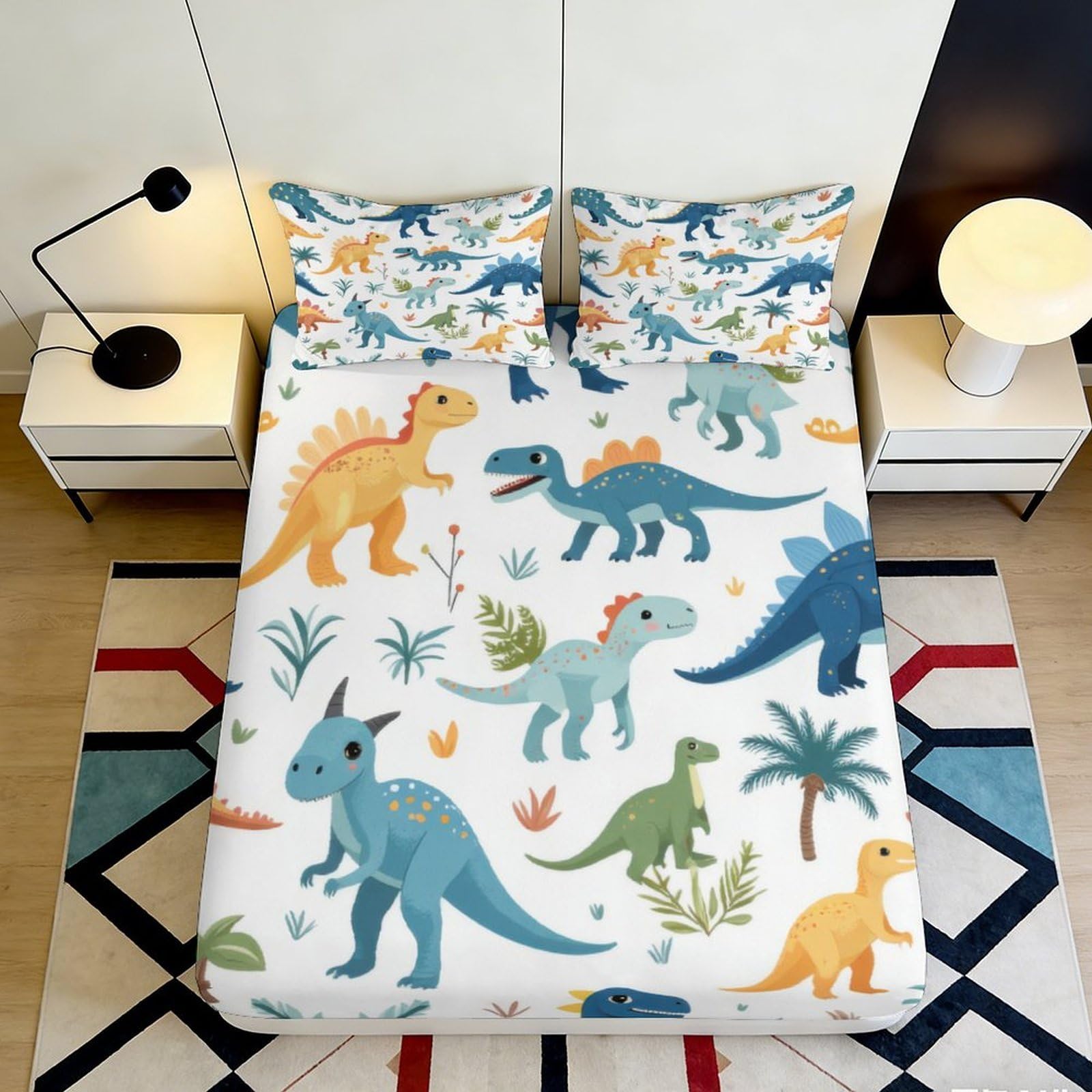 3D Printed Dinosaur Paradise Fitted Sheet Microfiber Soft Breathable Jurassic World Mattress Cover for Bedroom Dorm Decor 90x200x25cm