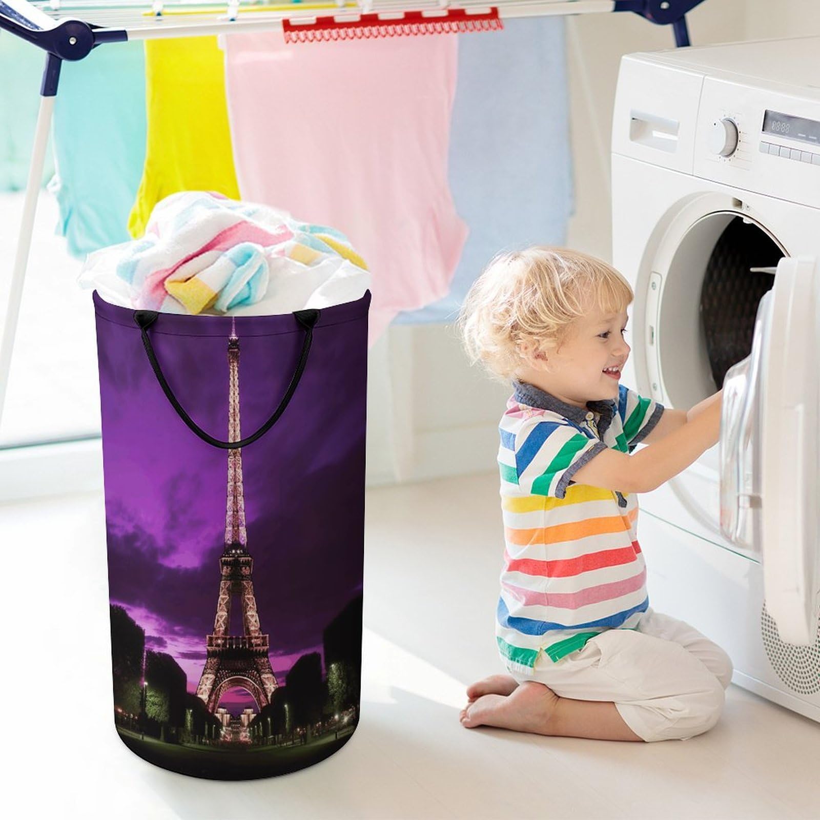 Cesta de ropa sucia de la torre Eiffel morada. Bolsa grande para ropa sucia. Cesta de almacenamiento para asas de fácil transporte. Cesta grande para ropa con asas, cubo de almacenamiento de ropa