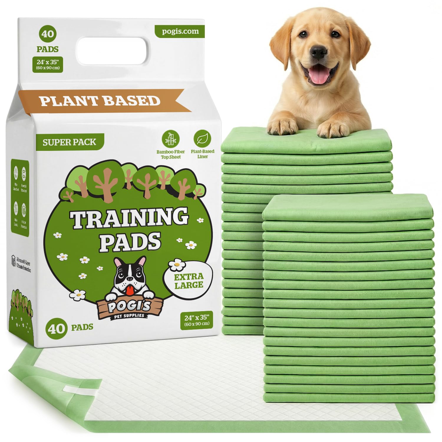 Pogi Tapis éducateurs pour Chiens – écologiques, Ultra absorbants et Anti-odeurs – Paquet de 40 (60 × 90 cm)