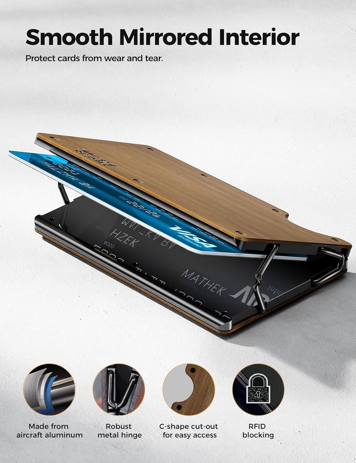 TIGERSTONE Slim Wallet For Men, Minimalist Wallet, Metal RFID Blocking, Credit Card Holder, Holds 12 Card, Aluminum Wallet With Money Clip, Gifts for Men & Women (Wood)