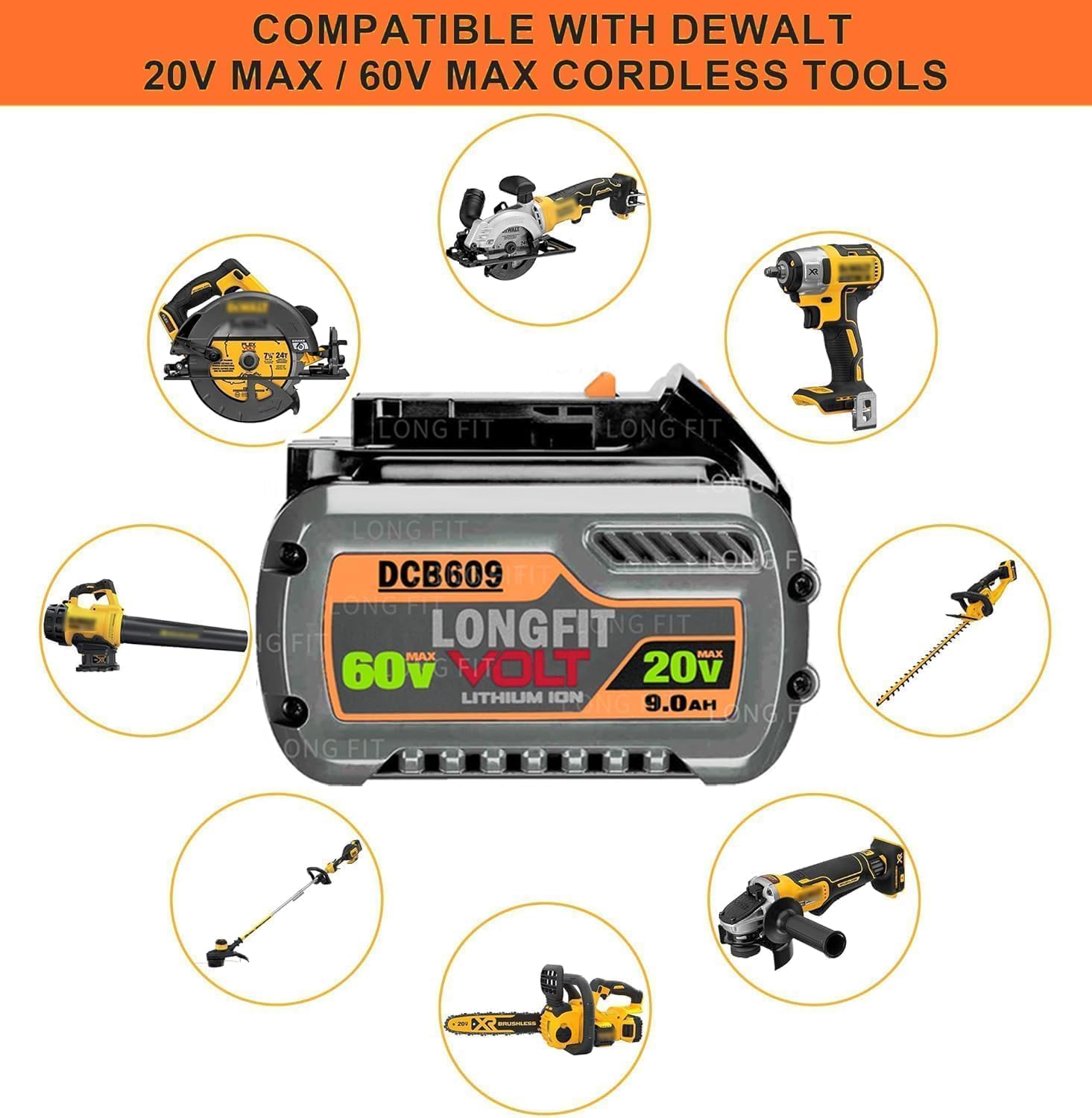 LONG FIT 20V 60V Max Lithium-lon Battery and Charger Combo Kit for dewalt Power Tools, Fast Charger, LED Power Indicator (DCB609-2-8A Fast Charger)
