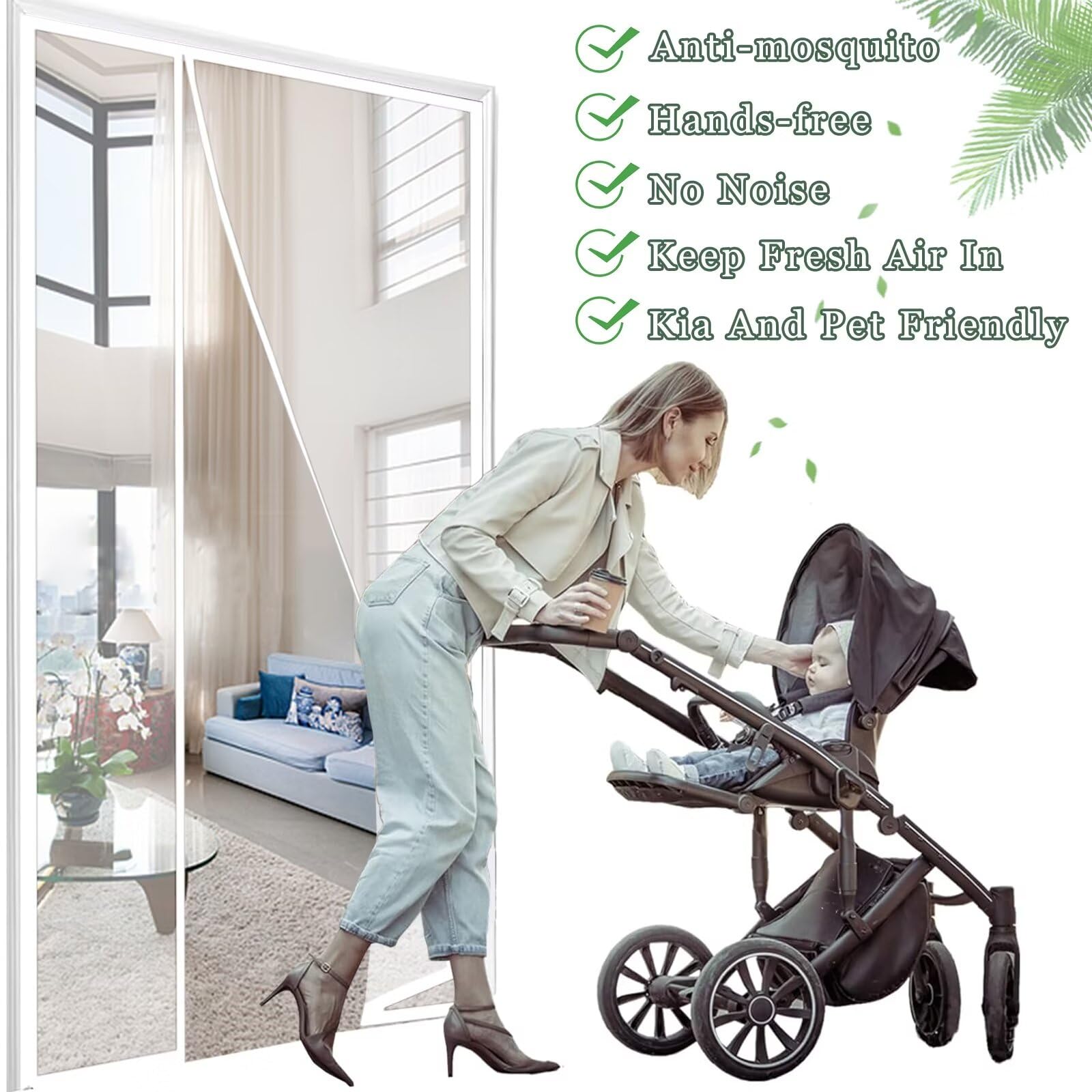 Rideau de protection contre le pollen des insectes pour caravane, porte moustiquaire, protection contre les insectes pour caravanes155x260cm Blanc, fermeture automatique