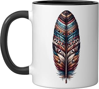 Native American Feather Colorful Southwest Tribal Art Black Ceramic Mug, Black/White