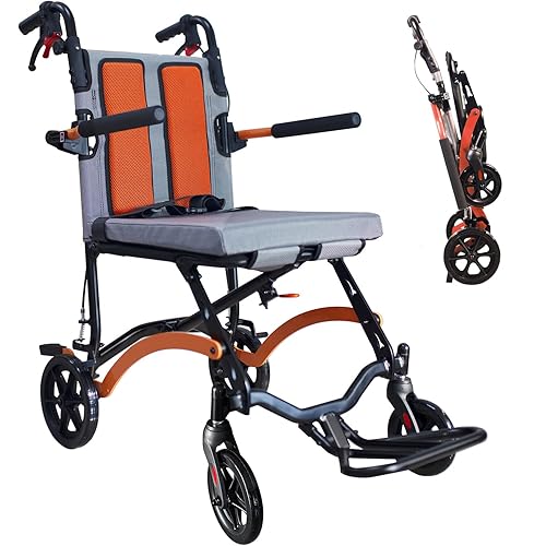 19LBS Transport Wheelchair Lightweight Foldable, Wheelchairs for Adults - 220lbs Capacity, 16.2" Seat with Safety Belt, Storage Bag & 270° Flip Armrests, Ideal for Home Use, Travel (Orange)