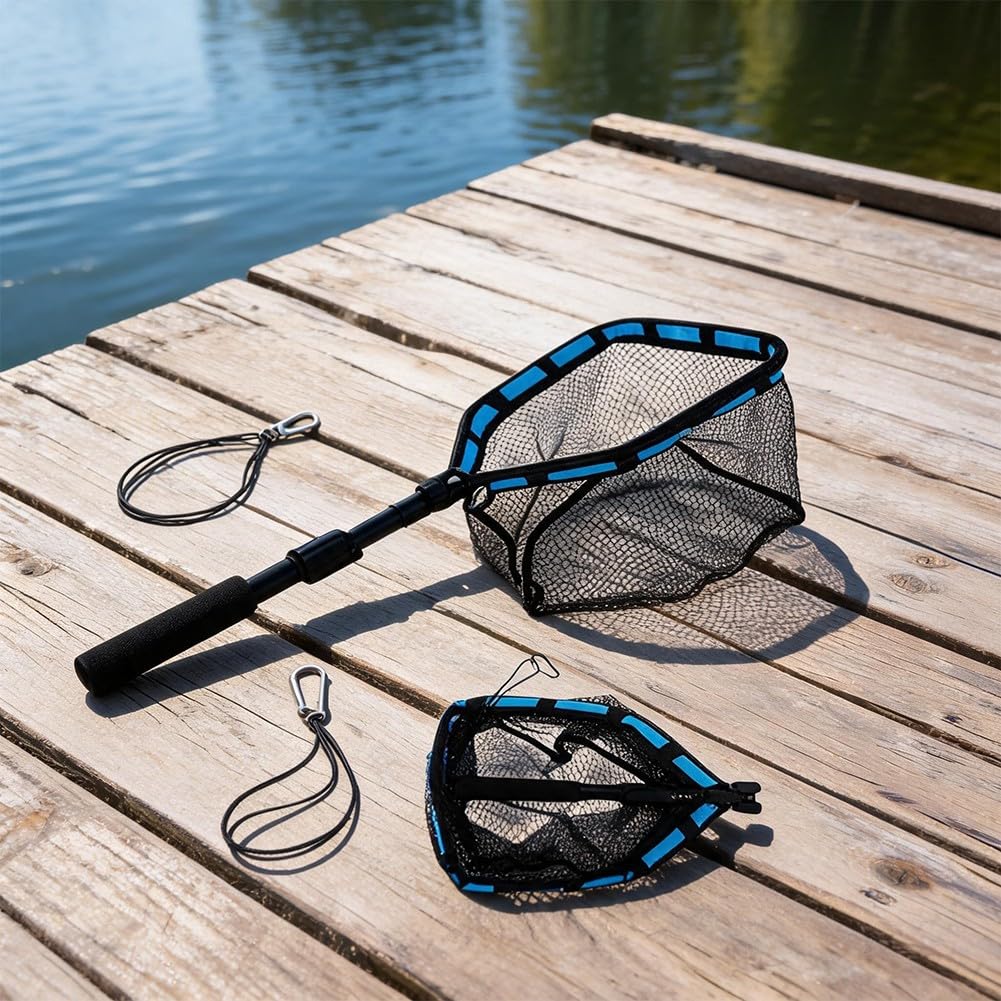 Red de pesca plegable extensible, mango telescópico de 80-100 cm con diseño flotante y cordón para un fácil almacenamiento