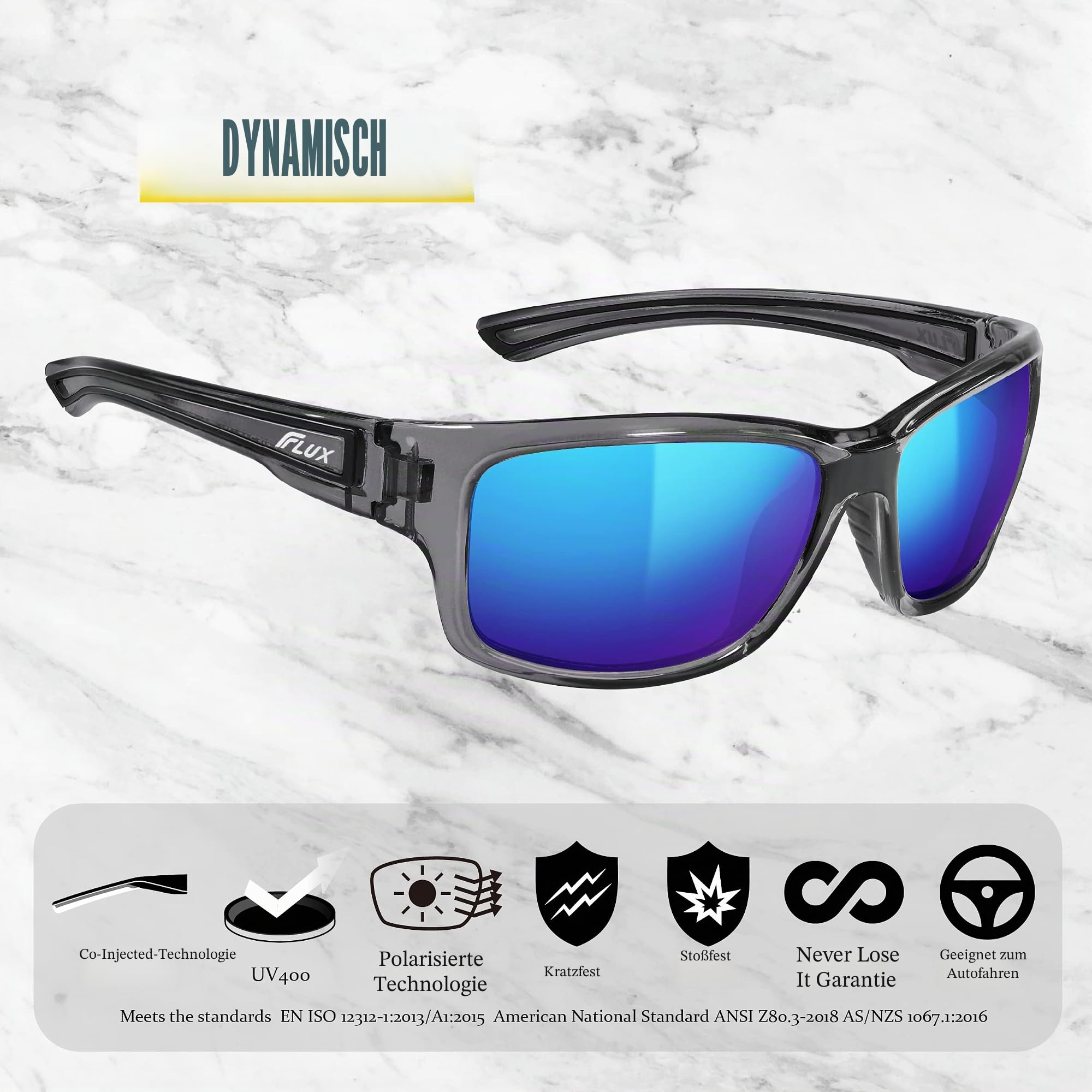 ICECUBE DYNAMIC Polarisierte Sport-Sonnenbrille UV400 Schutz mit Anti-Rutsch-Funktion und leichtem Rahmen - für Männer und Frauen beim Fahren, Laufen, Baseball, Golf, Freizeitsport und Aktivitäten