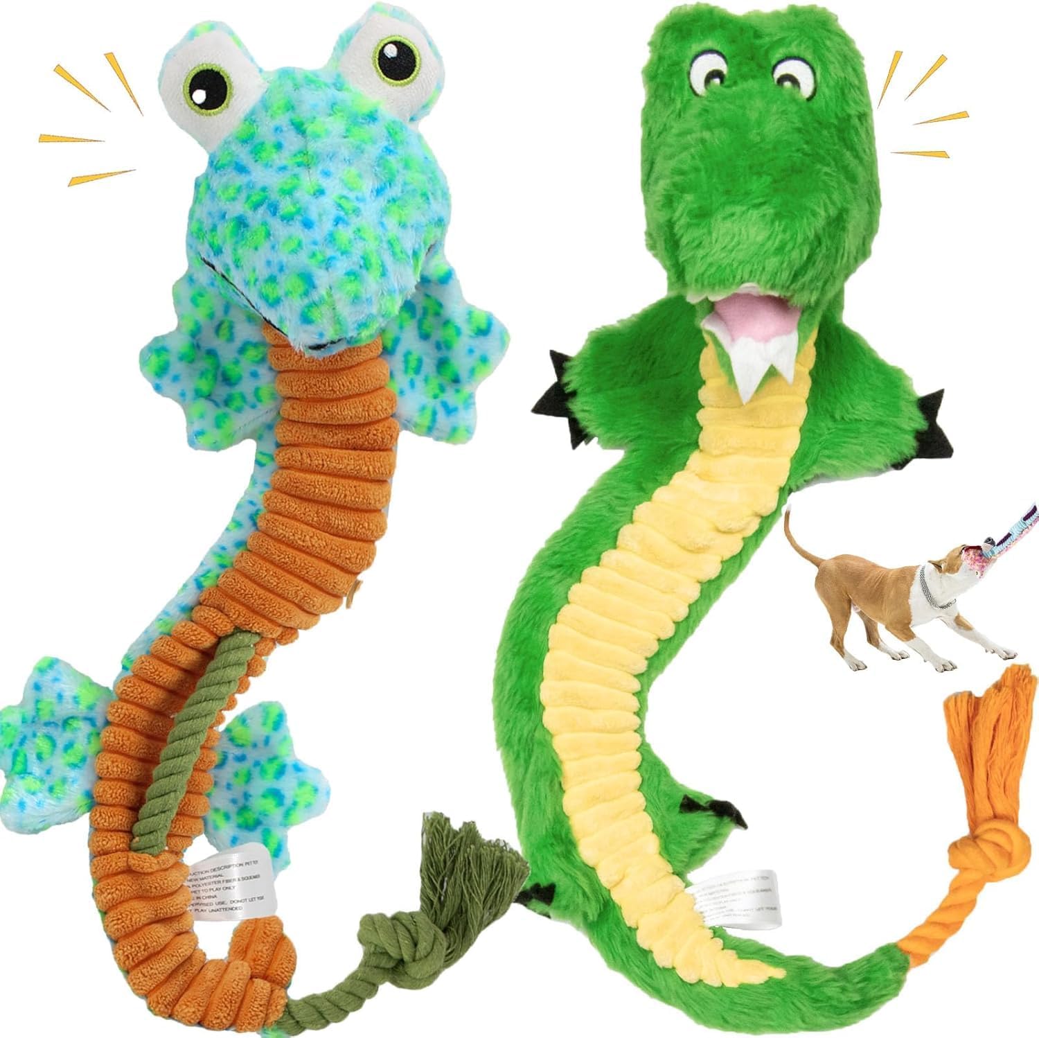 Crinkle Dog Toys Squeaky Plush No Stuffing Cute Puppy Stuffless Tough Rop Pull Toy, Fun Dog Stuffed Animals Durable Chew Set for Small Medium Large Pup (Large, Lizard+Alligators)