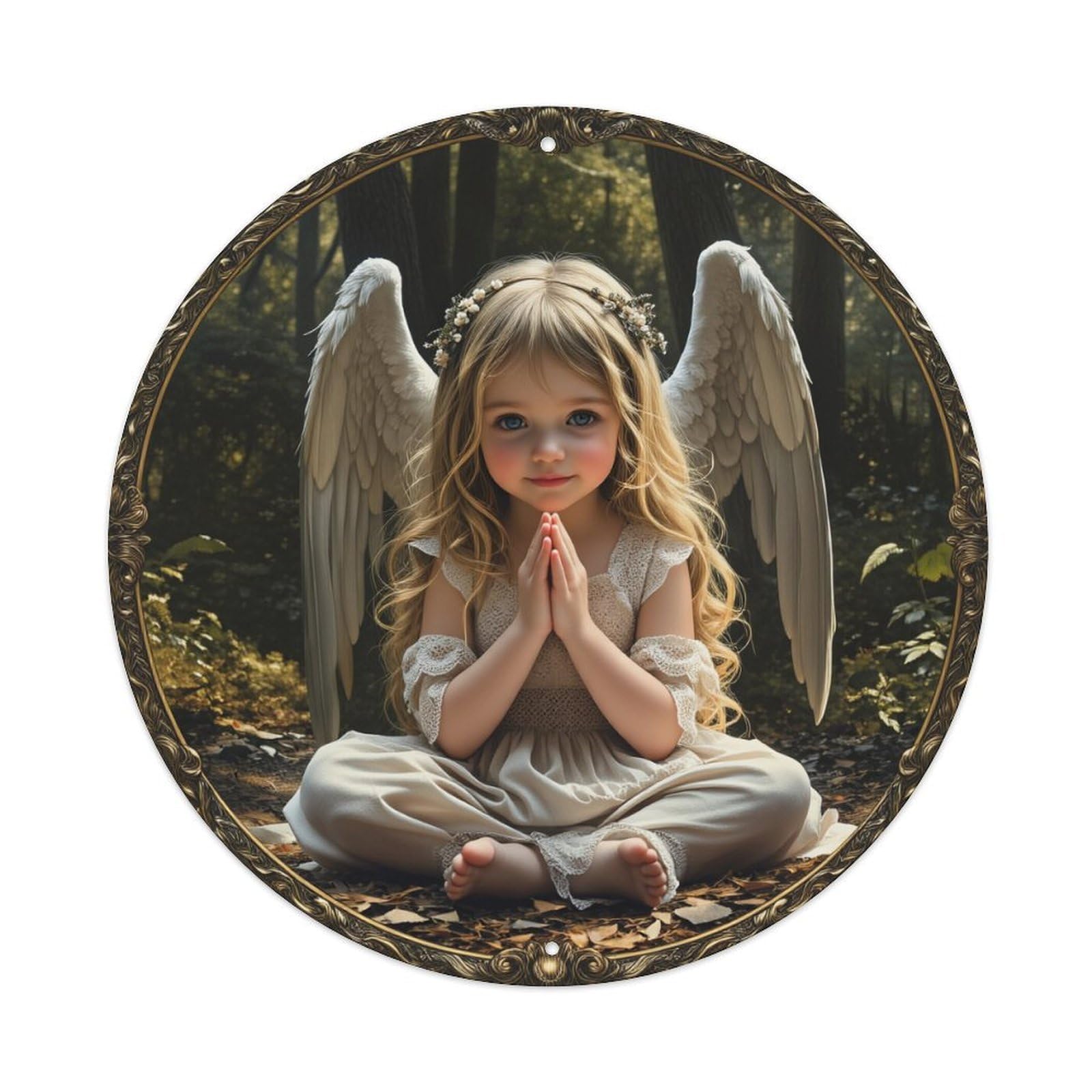 Angel Child Forest Prayer Wings Round Tin Sign Vintage Metal Poster, Home Bar Garage Man Cave Cafe Indoor & Outdoor Wall Decoration 8x8Inches