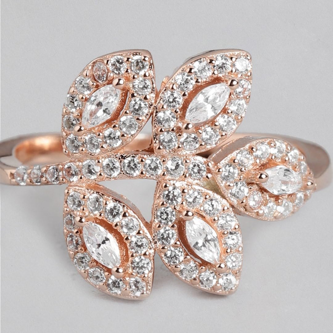 Women's 925 Sterling Silver Modern Leafy Bouquet Rose Plated Ring