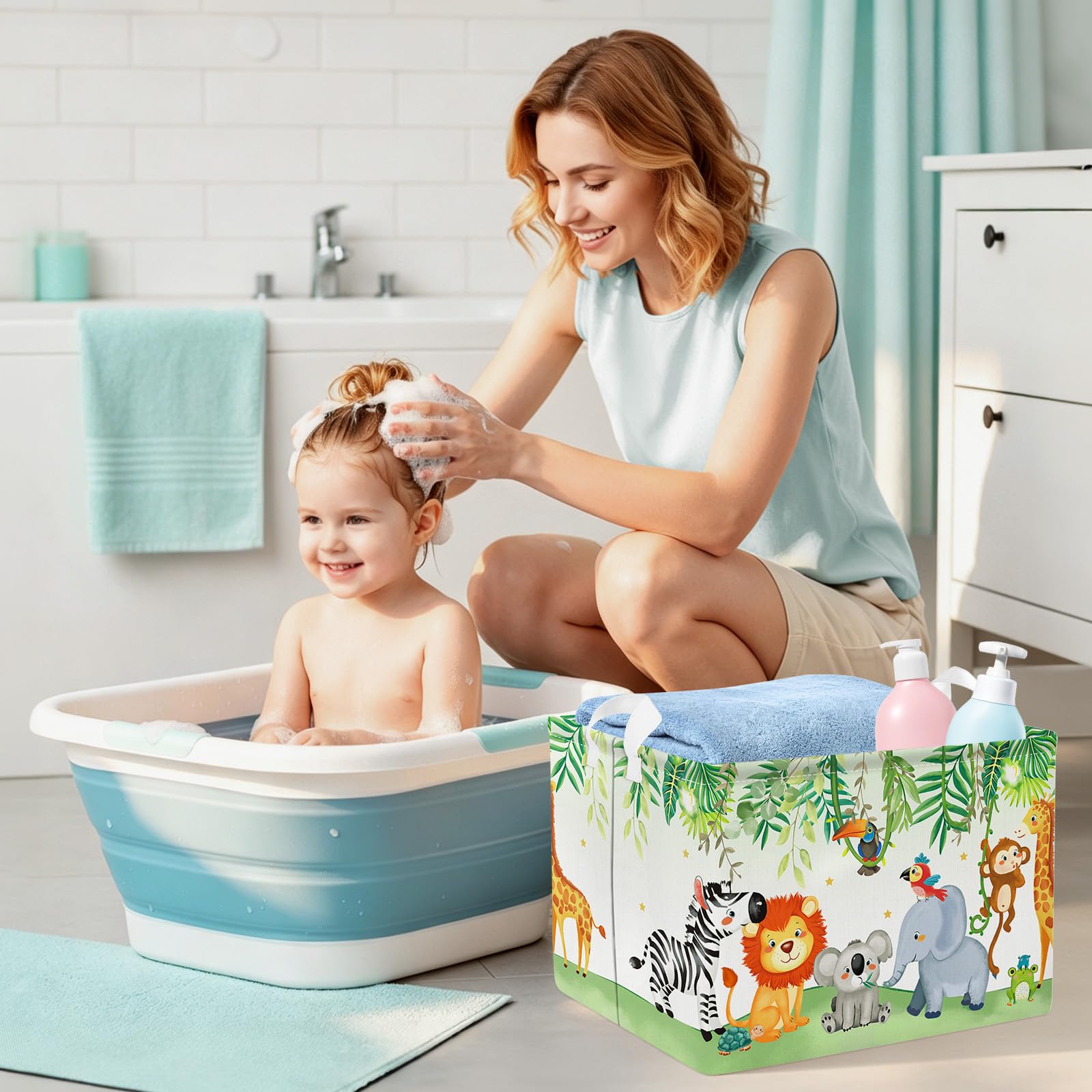 Clastyle Cesto Portabiancheria Animali Foresta Cestino Portaoggetti Foglie Cesta Biancheria Genitori per Organizzare Giocattoli Vestiti, Leone Koala Elefante, 36x45 cm