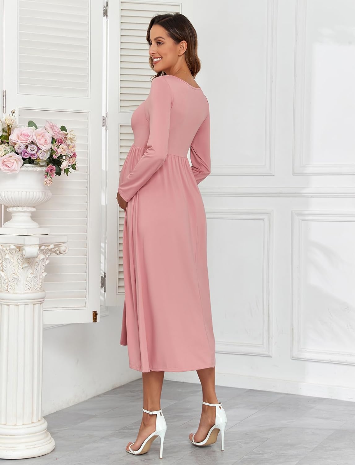 Maternity Tie Front Dress A Line Long Sleeve V Neck Flowy Pregnancy Maxi Dresses for Baby Shower Casual 2025 Fall - Image 3