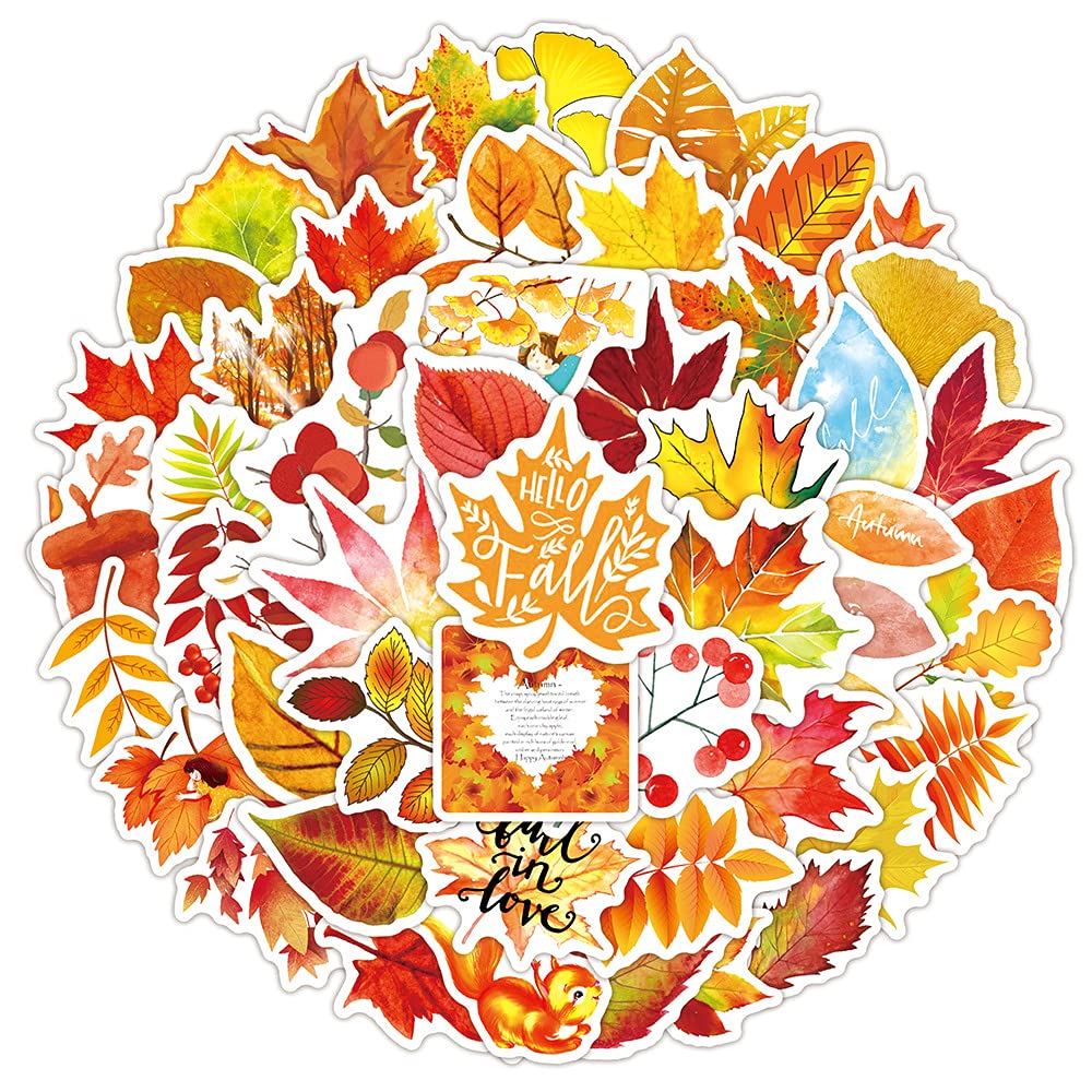 50Pcs Autumn Maple Leaf Water Bottle Stickers,Fall Plant Leaf Art Decals Thanksgiving Day Stickers Supplies Accessories Decoration for Scrapbooking Wall Kids Crafts Envelopes Cards Windows Laptop