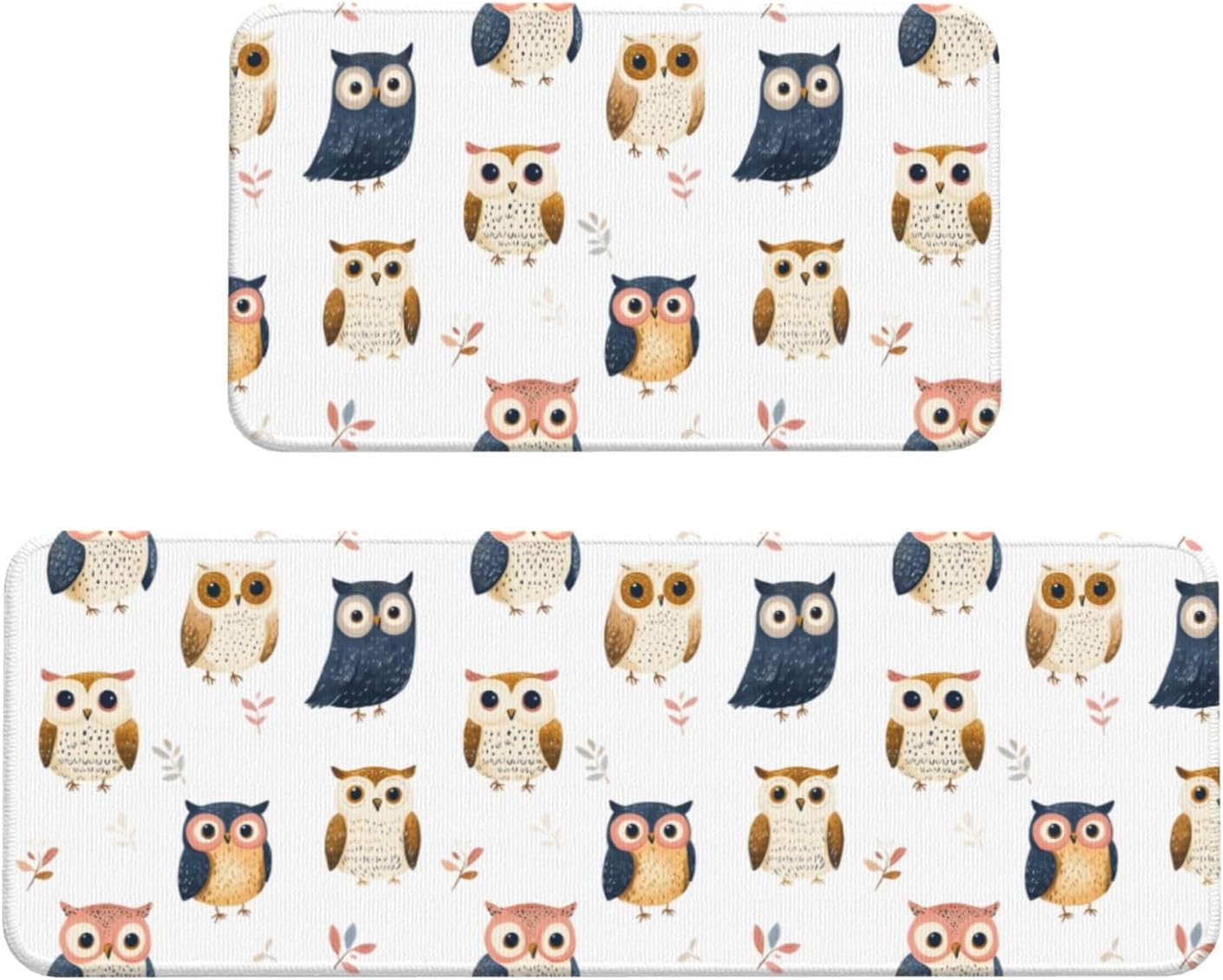Cute Owls Print Kitchen Rugs Sets of 2 Non Slip Washable, Anti Fatigue Kitchen Mats for Floor, Home Decor