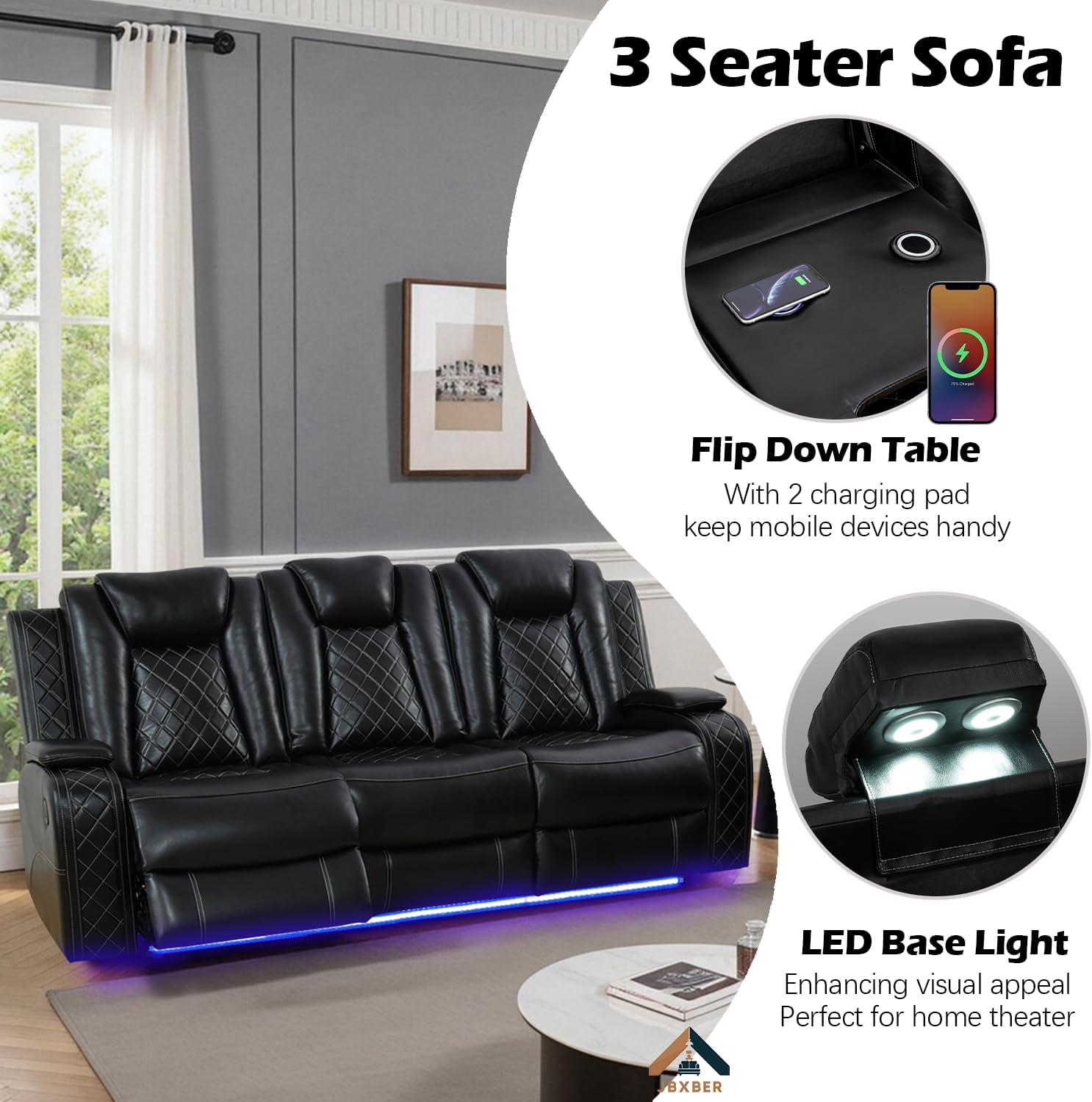 Power Recliner Sofa Set for Living Room, Leather Reclining Sofa Sets with Storage Console, Living Room Furniture Sets with LED Lights(Sofa, loveseat and Chair,Black)