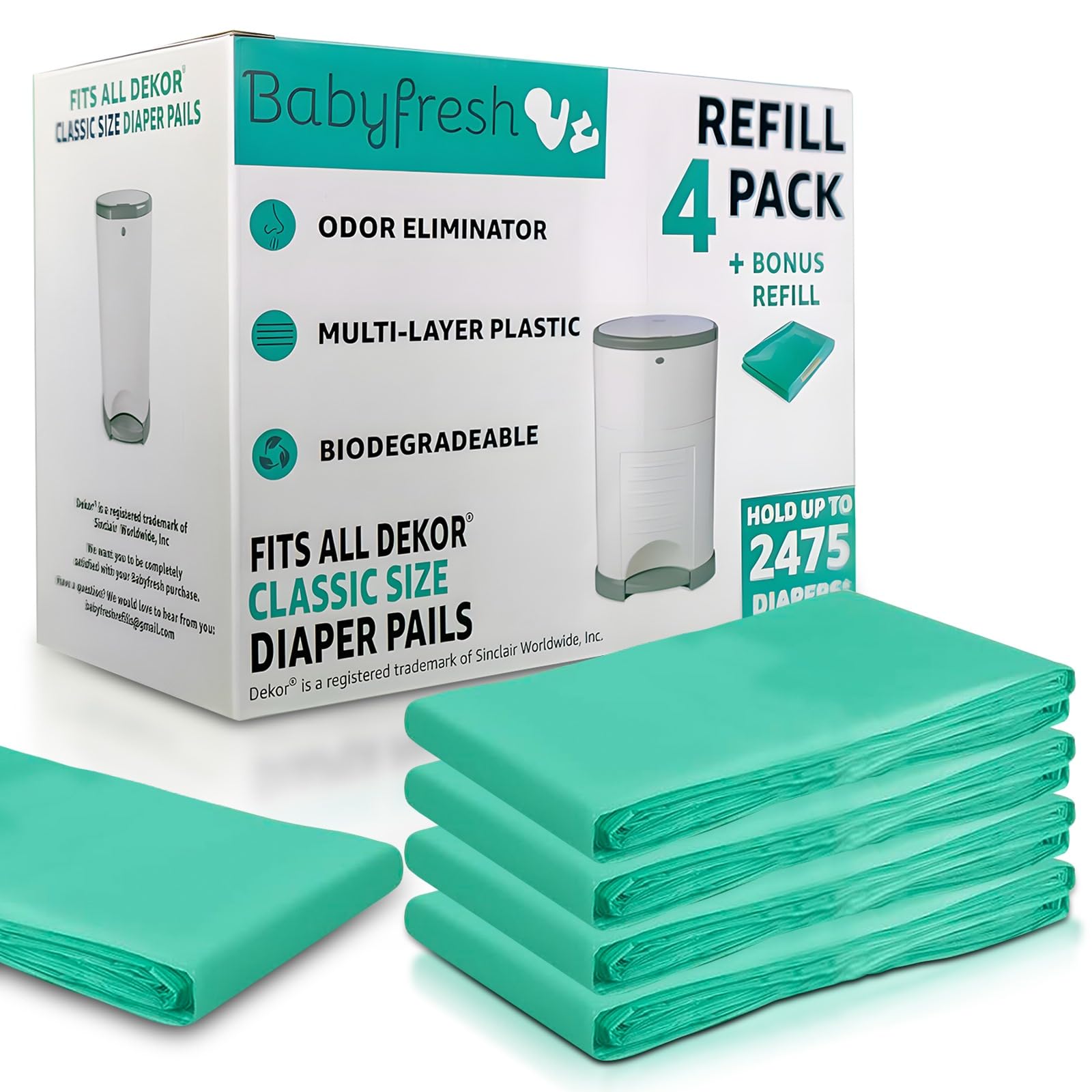 Refills Compatible with DEKOR Classic Diaper Pails 4 Pack Plus 1 More Exclusive 30% Extra Thickness Diaper Pail Refill Bags with Powerful Odor Elimination Fresh Powder Scent | Holds up to 2475 Diapers