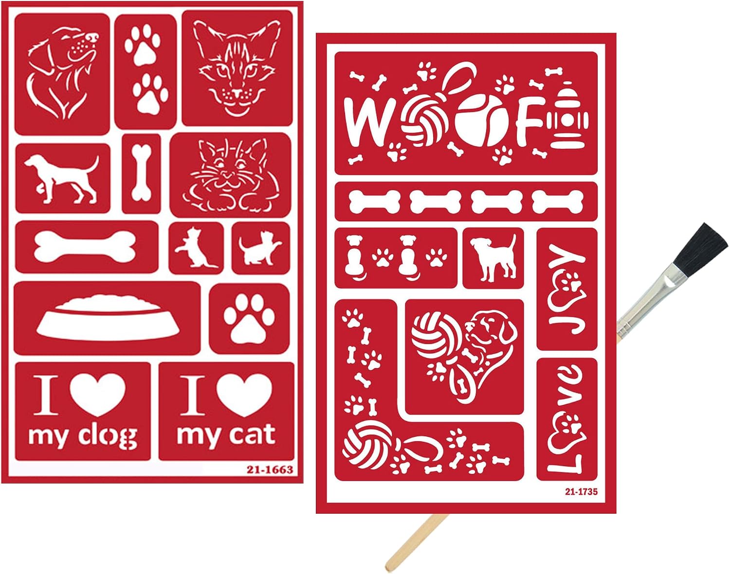 2 Glass Etching Stencils Reusable Template - Cat and Dog Stencils - Glass Etching Dogs Paw Print Etch Stencil, Puppies, Kittens Design - Self Stick Stencils Set with Brush