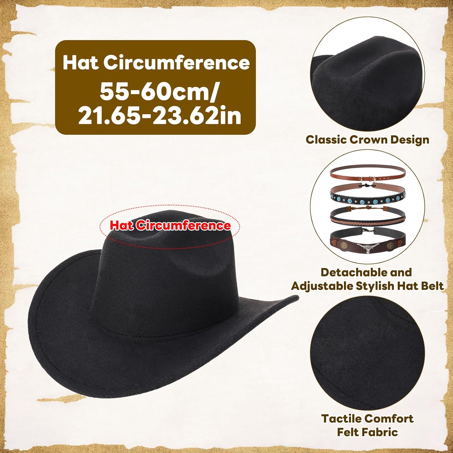 2 Pcs Western Cowboy Hats with Decorative Bands Cowgirl Hats for Women and Men Black White - Image 3