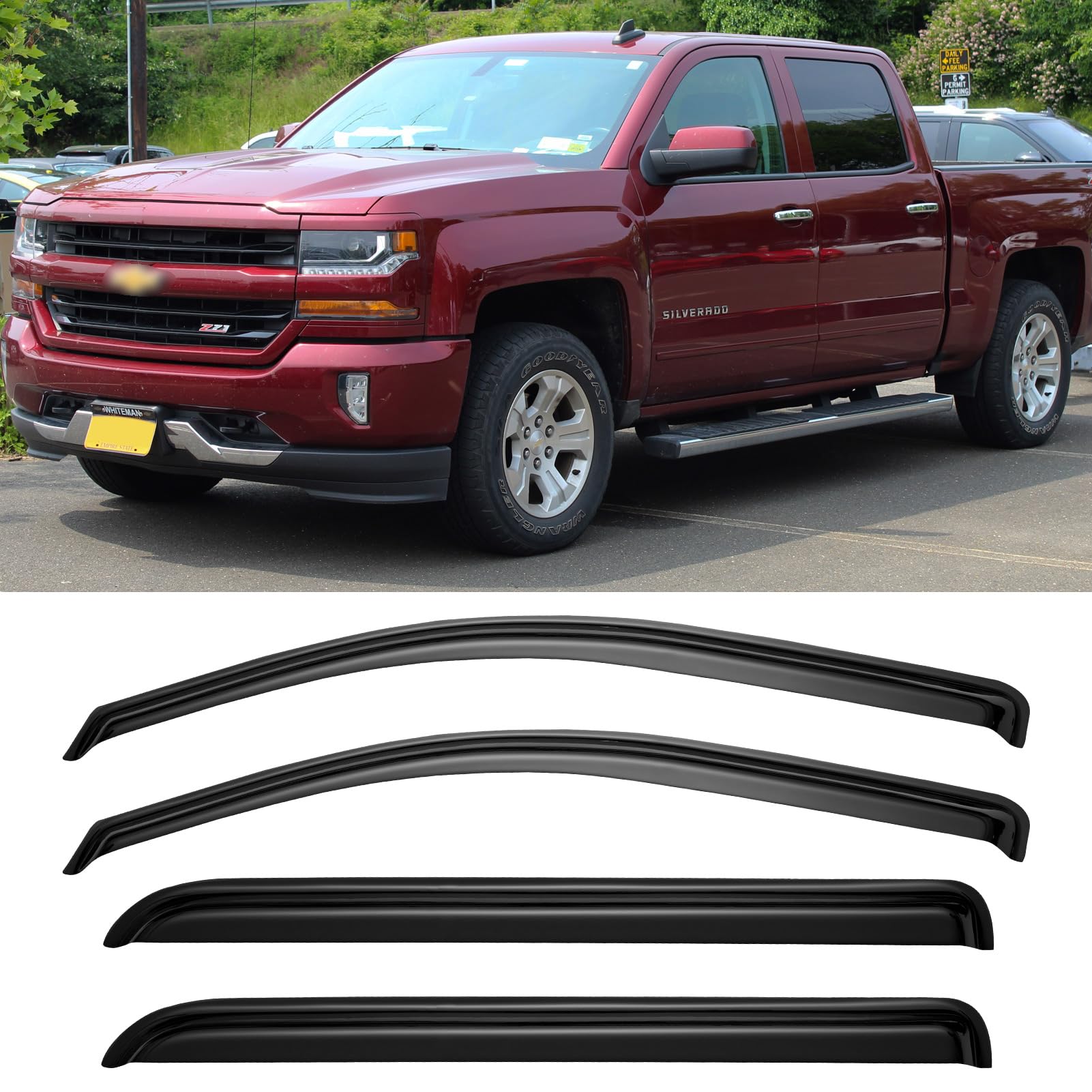 Window Rain Guards for 2014-2018 Chevy Silverado/GMC Sierra 1500 Crew Cab, Out-Channel Window Vent Visors Wind Shades Deflector for 2015-2019 Silverado/Sierra 2500HD 3500HD