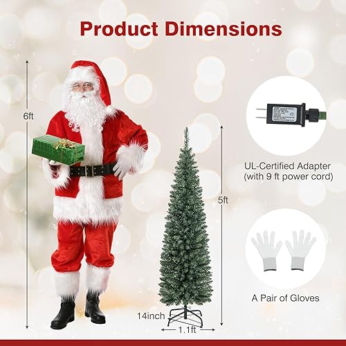 Miniatura 7 de Goplus Árbol de Navidad preiluminado de 5 pies, árbol de Navidad artificial delgado con 150 luces LED blancas cálidas, 296 puntas de rama, soporte
