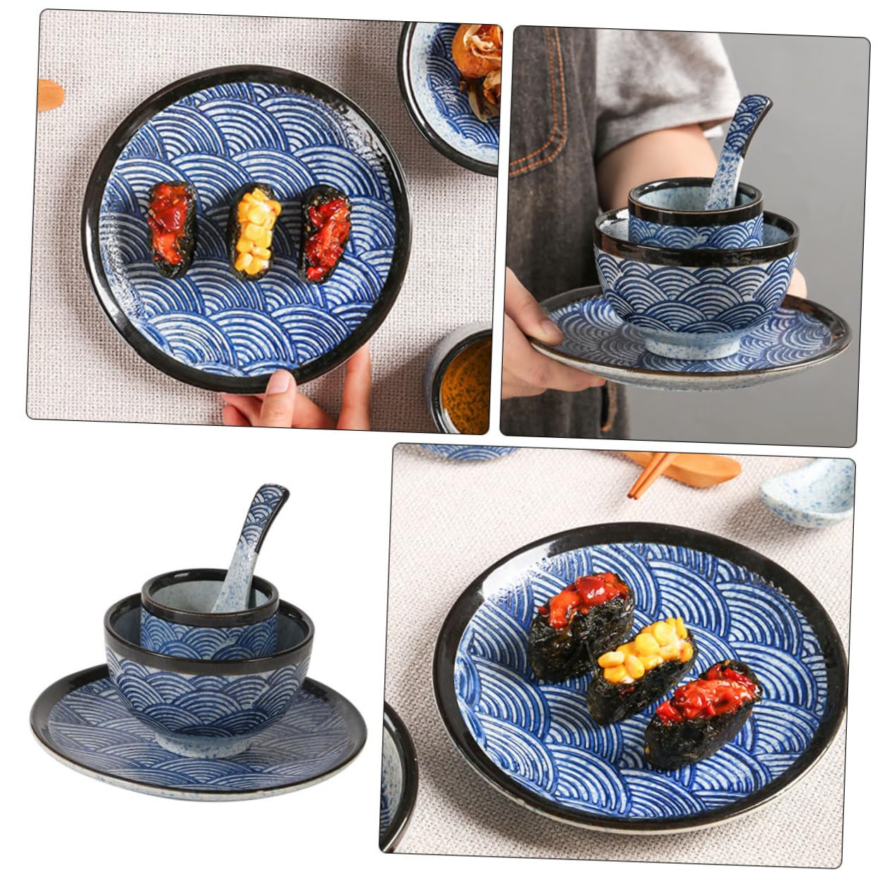 Service Vaisselle Céramique Japonerie à Motif Ondulations, 1 Set 4 Pièces