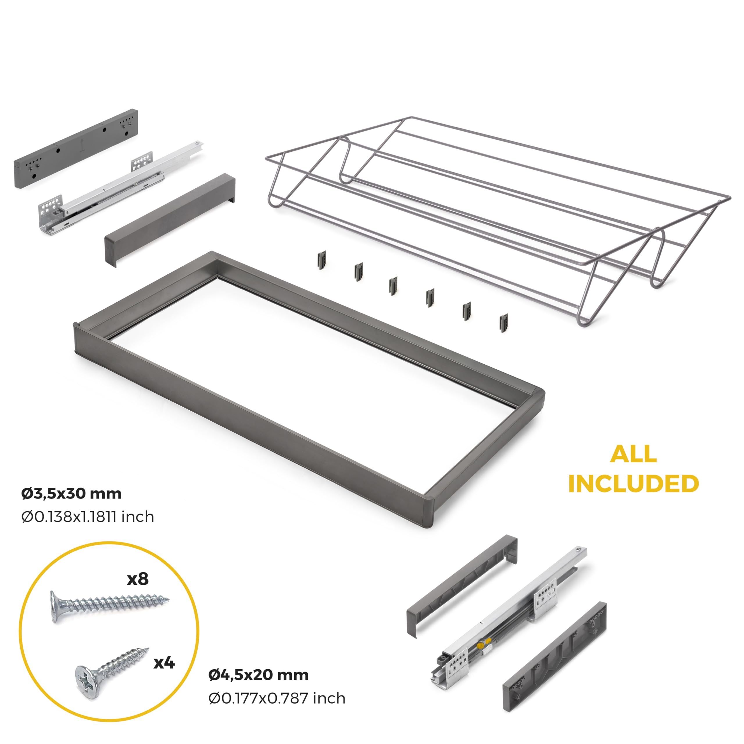 Emuca - Kit de cajón zapatero y bastidor regulable Quartz para armarios, guías de cierre suave y extracción total, Módulo 90cm, Acabado Titanio