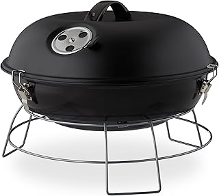 Relaxdays Barbacoa, Portátil, con Tapa, Parrilla de Acampada Grande, Carbón Vegetal, Ø36cm, Negro