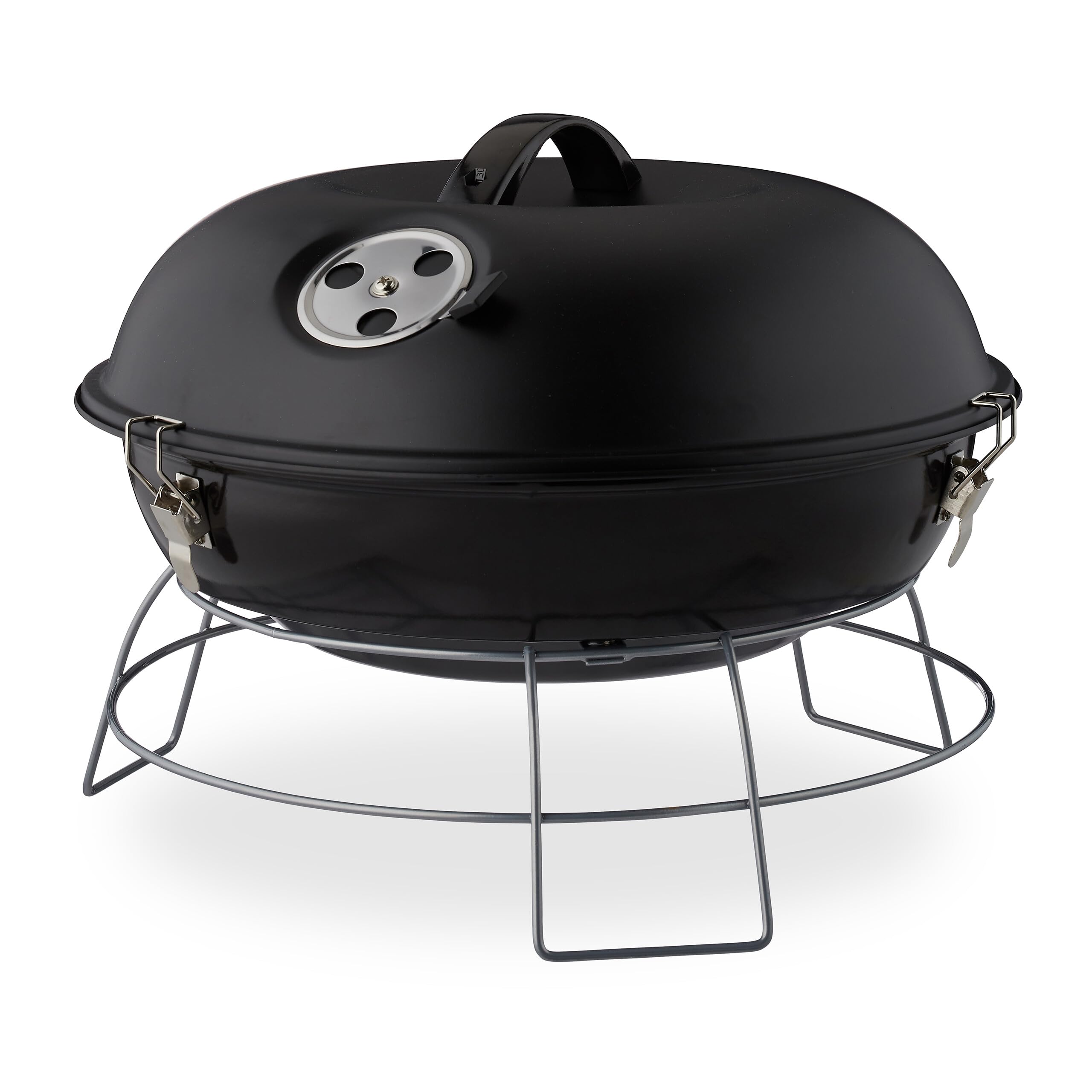 Relaxdays Grill kulisty, przenośny, z pokrywką, pyszny grill piknikowy z dużą powierzchnią do grillowania, węgiel drzewny, Ø 36 cm, czarny