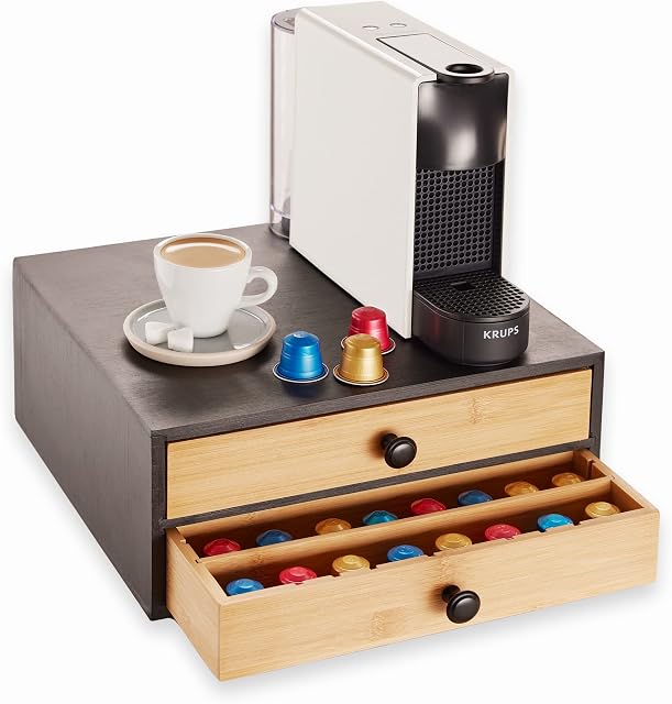 Navaris Coffee Capsule Holder with 2 Drawers - Bamboo Coffee Pod Storage Compatible with K-Cups - Capsules and Pods Drawer Organiser Container Box