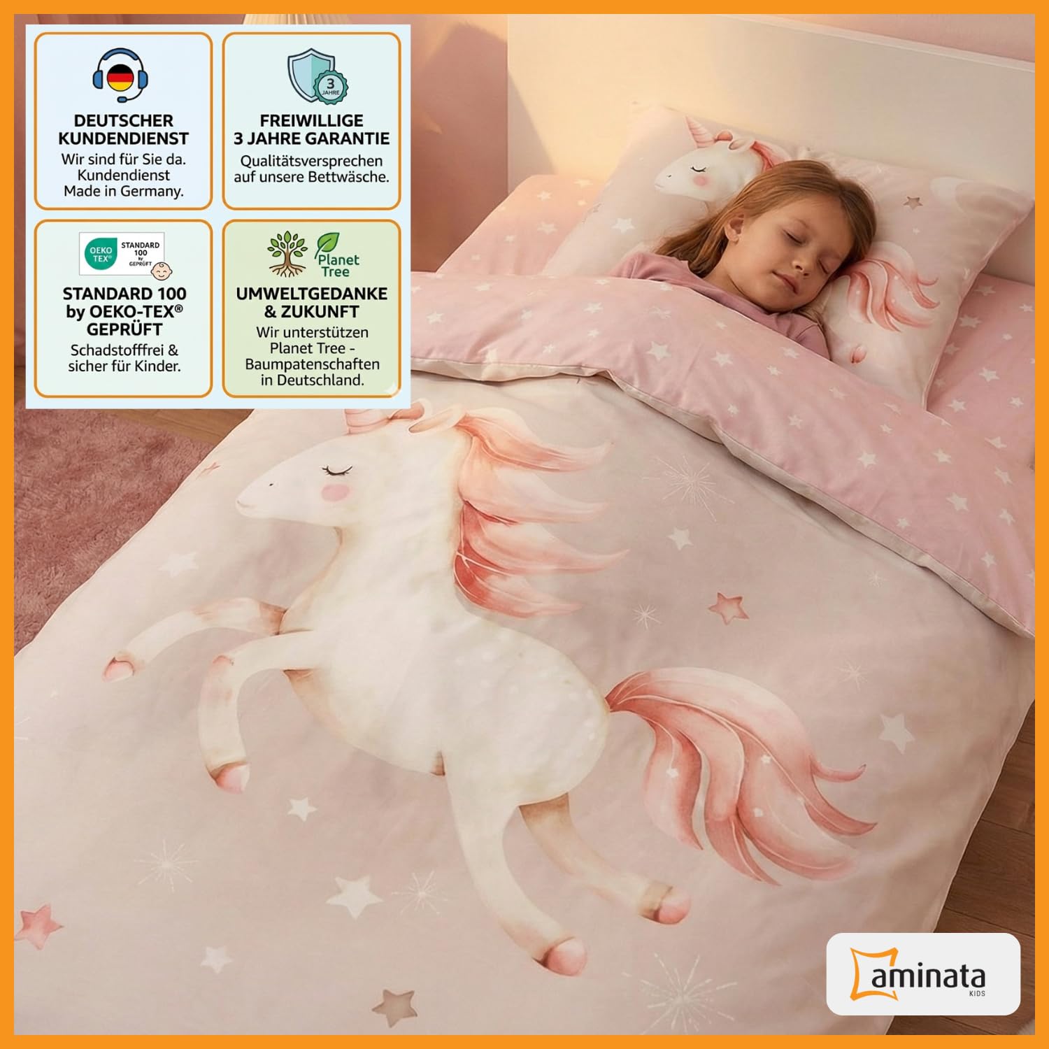 Aminata kids Bettwäsche 135x200 Mädchen mit Einhorn Motiv aus 100% Baumwolle mit Reißverschluss - Kinder-Bettwäsche-Set Einhornbettwäsche rosa grau Sterne