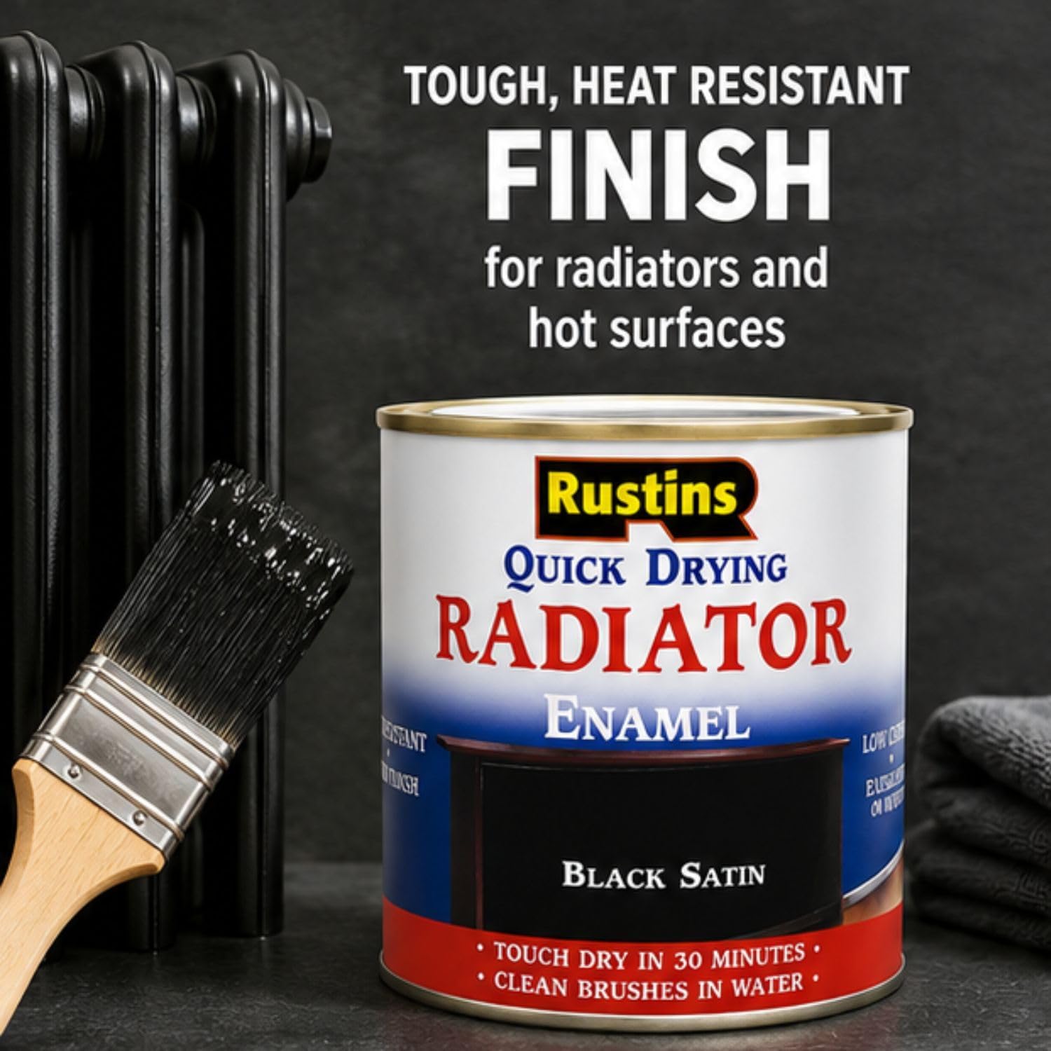 Rustins Quick Drying Radiator Enamel Paint Satin Black 500ml