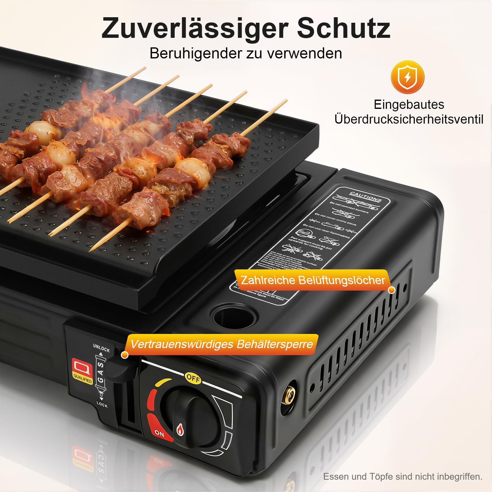 Camping Gaskocher 2-Flammig mit Grillplatte & Tragetasche, 2×2500W Gas Campingkocher 2 Flammig, Tragbarer Gasherd Camping, Überdruckschutz, Gaskocher für Töpfe bis 34cm