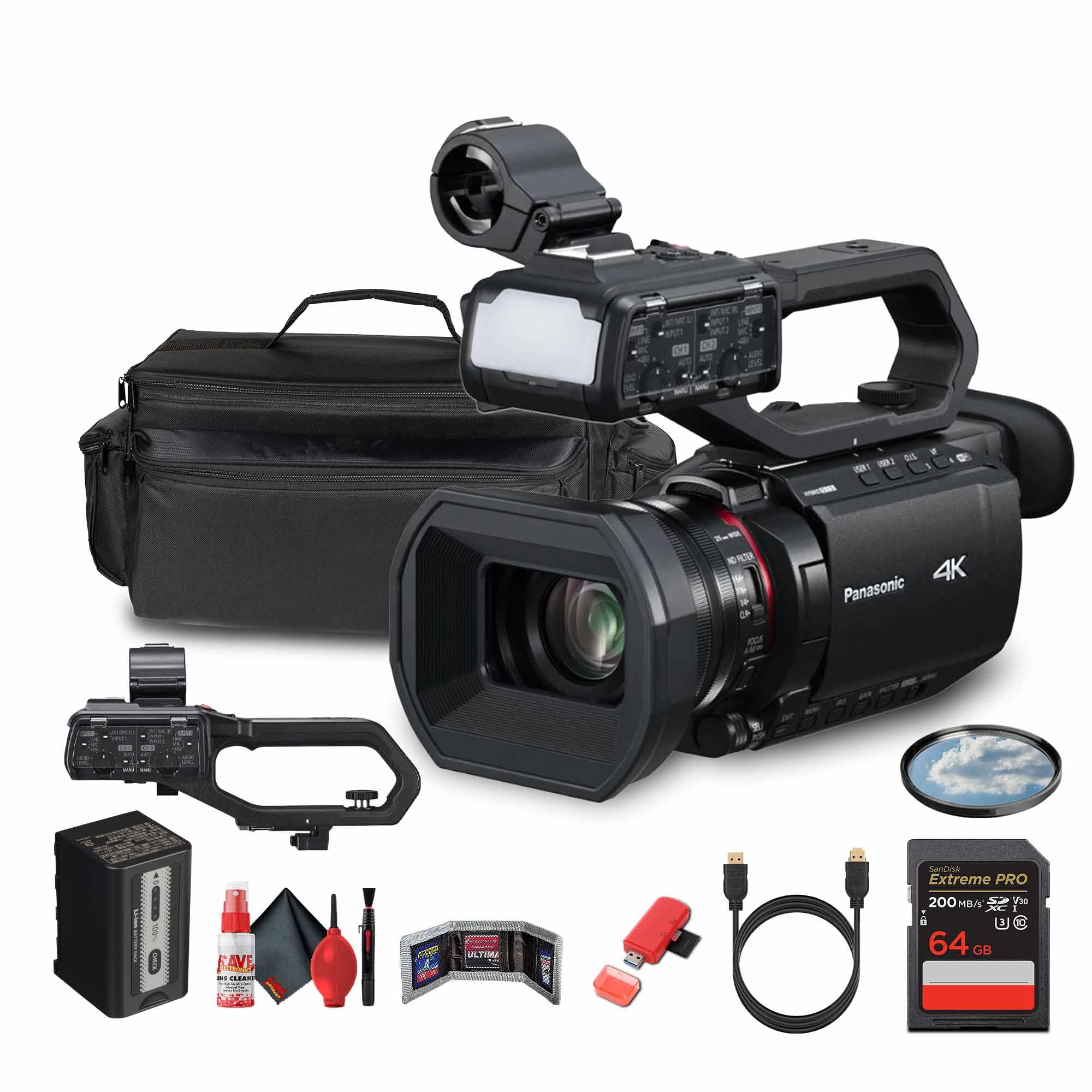 Panasonic HC-X2100 UHD 4K 3G-SDI/HDMI Pro Lightweight Camcorder with 24x Zoom (HC-X2100) + Case + 64GB Memory Card + Cleaning Kit + HDMI Cable + 62mm