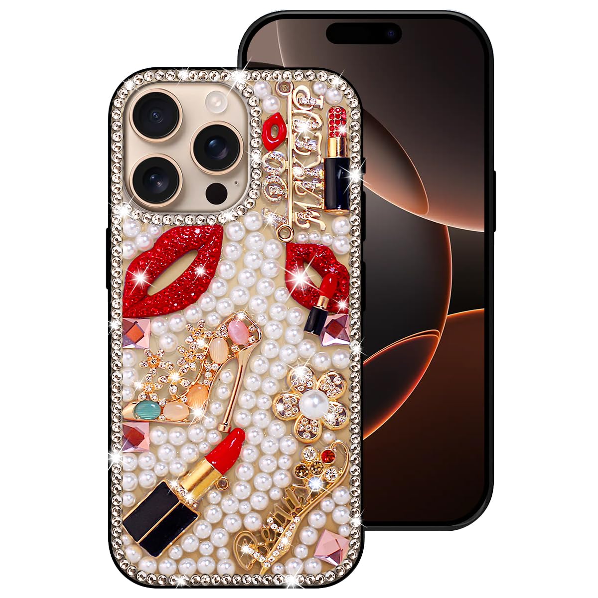Erolagomat Bling Case for iPhone 16 Pro Max,Shiny Luxury Designer Phone Case with Glitter Sparkle Diamond Crystal Rhinestone Lips Lipstick Pearl