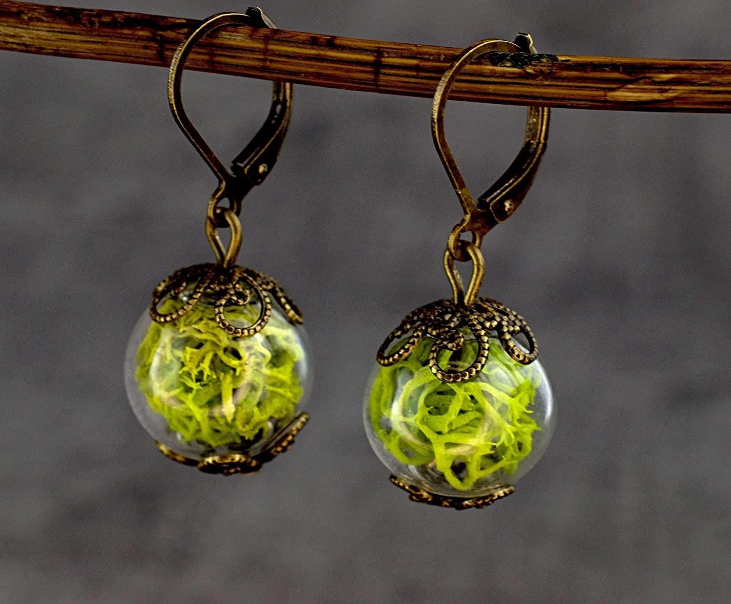 MadamLili - Real Moss Earrings Set - Bronze Jewelry Vintage Style - Botanical Forest Plant Green Dangle Drops - Handmade - Gift Box