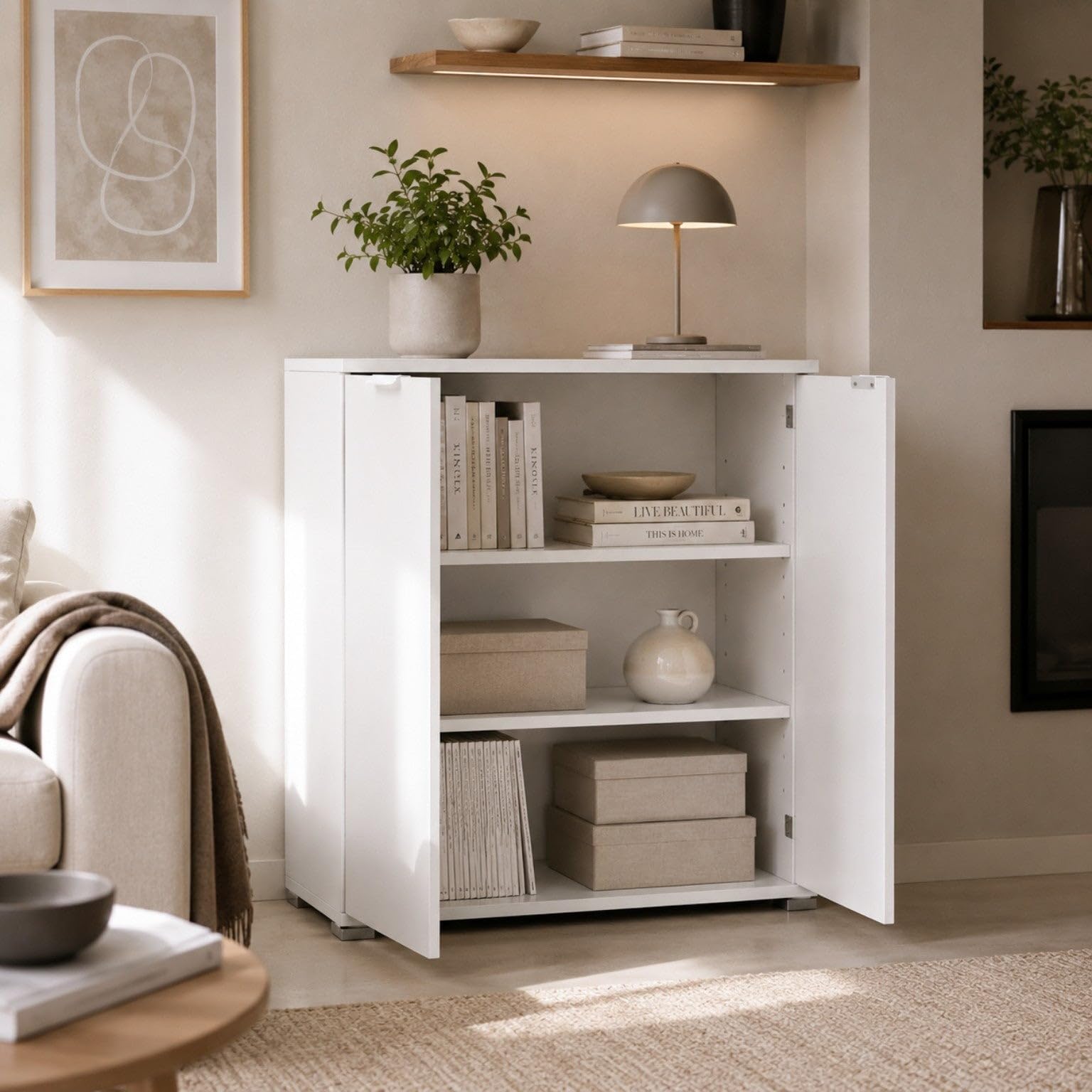 The White Stone Mobile Base 2 Ante Bianco Già Montato | Armadietto Salvaspazio 75x85x38 cm | Mobile Bagno e Lavanderia con Ripiani Regolabili e Struttura in Legno Nobilitato