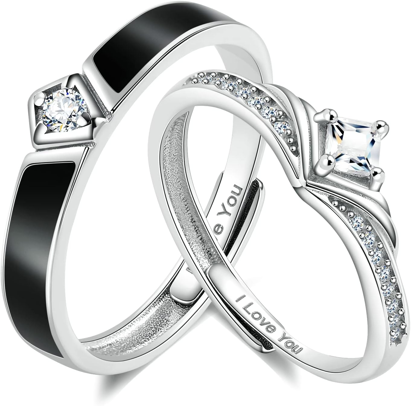 ANAZOZ Couples Rings for Him and Her Set, S925 Sterling Silver Promise Ring Set 2PCS Adjustable Black and White Wedding Bands with Custom Engraved