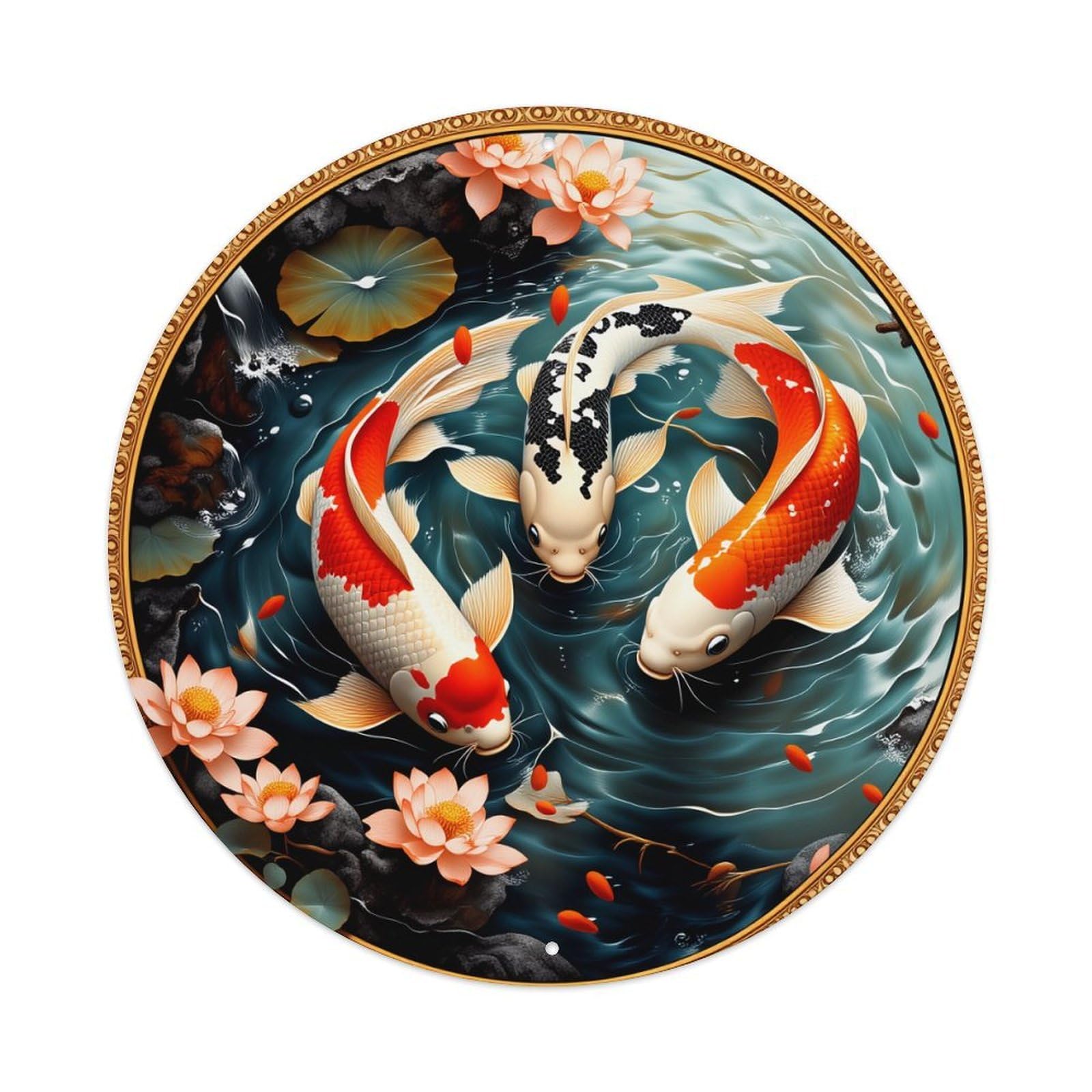 Wmlzdnwr Vintage Koi Fish Water Lily Pond Art Pattern Round Tin Sign,Retro Wall Art,Metal Poster For Home, Bar, Garage, Cafe, Rustic Indoor & Outdoor Decor, 8X8 Inches