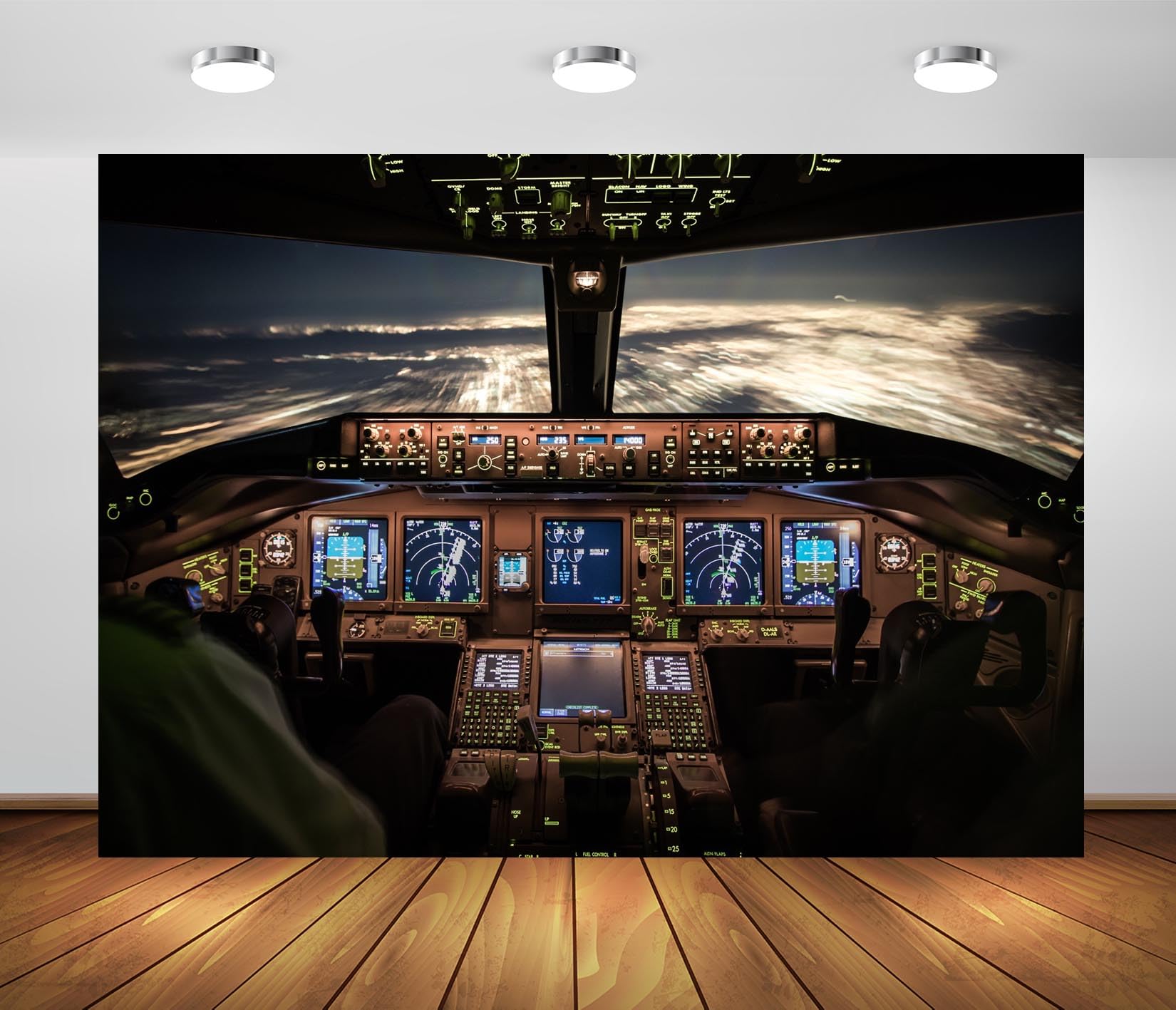 BELECO 5.2x3m Fabric Cabina Aereo Notturna Sfondo Fotografico | Scenario Realistico Della Cabina Di Pilotaggio Con Comandi Illuminati E Cielo Notturno Per Feste E Ritratti
