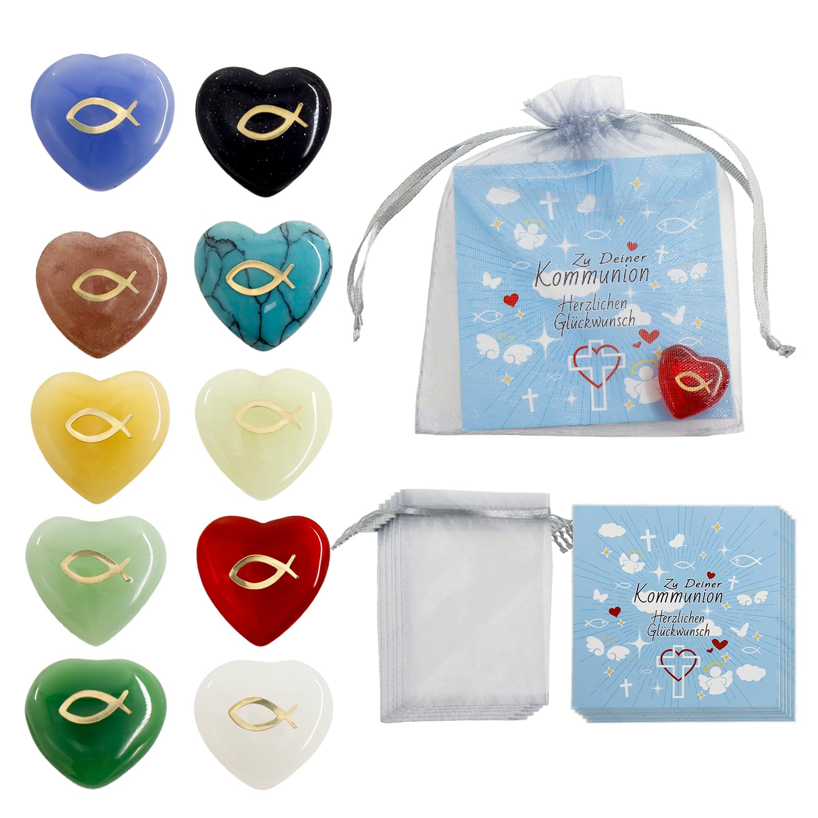 30pcs Mitgebsel Kommunion Gastgeschenke, 10x Glücksbringer Herz mit Fisch, Glückssteine für Kinder Erwachsene,Glückssteine als Mitgebsel Kindergeburtstag/Gastgeschenk Taufe/Gastgeschenke Konfirmation