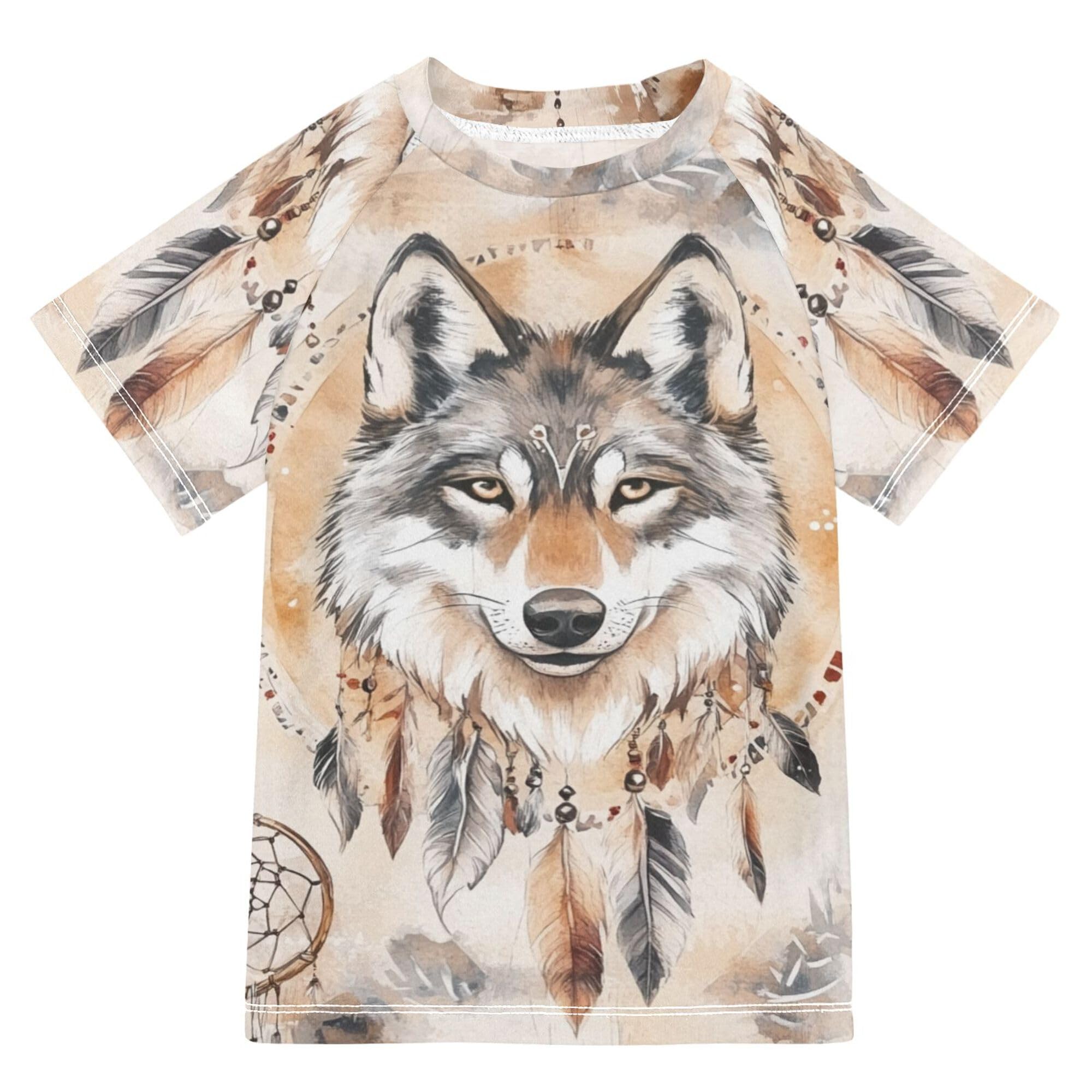 Western Wolf Dream Catchers Tribal Girls Bathing Suit Sun Protection Rash Guard Swimsuit Swimwears Beach Tops for Teen Boy 9-10Y